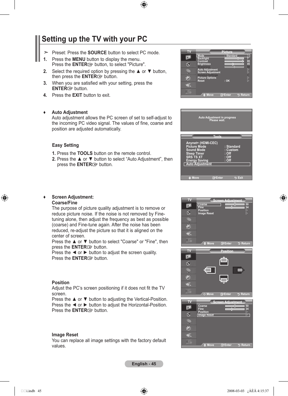 Setting up the tv with your pc | Samsung LE26A457C1D User Manual | Page 47 / 482