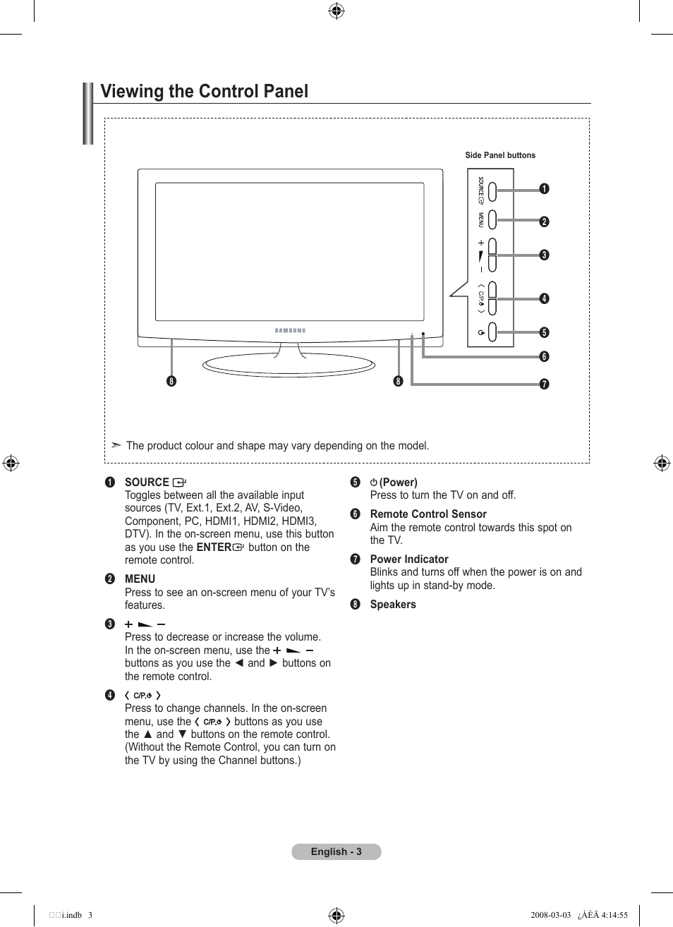 Viewing the control panel | Samsung LE26A457C1D User Manual | Page 5 / 482