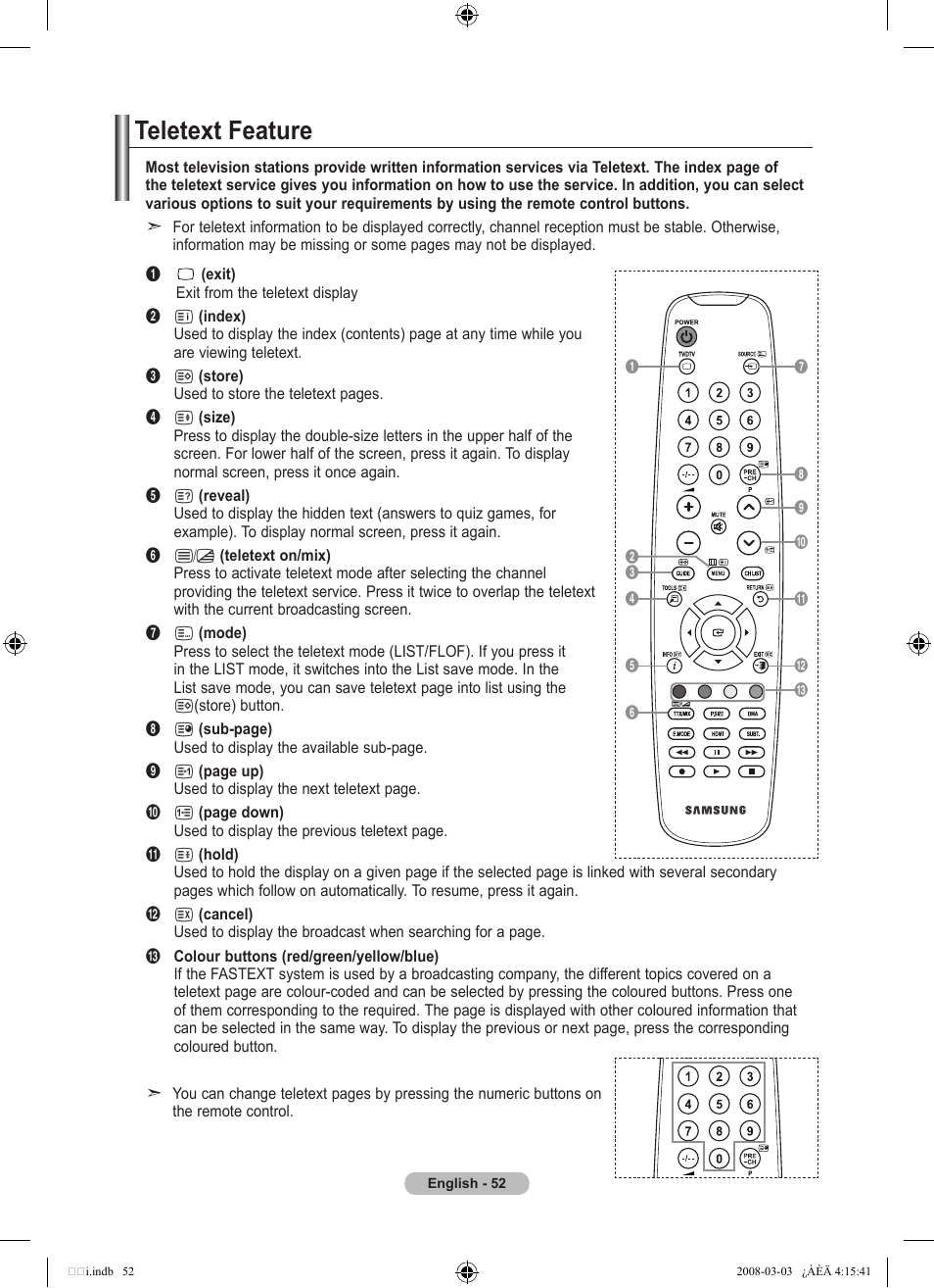 Recommendations for use, Teletext feature | Samsung LE26A457C1D User Manual | Page 54 / 482