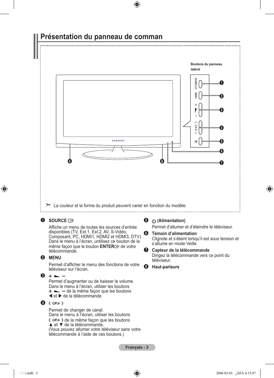 Présentation du panneau de comman | Samsung LE26A457C1D User Manual | Page 65 / 482