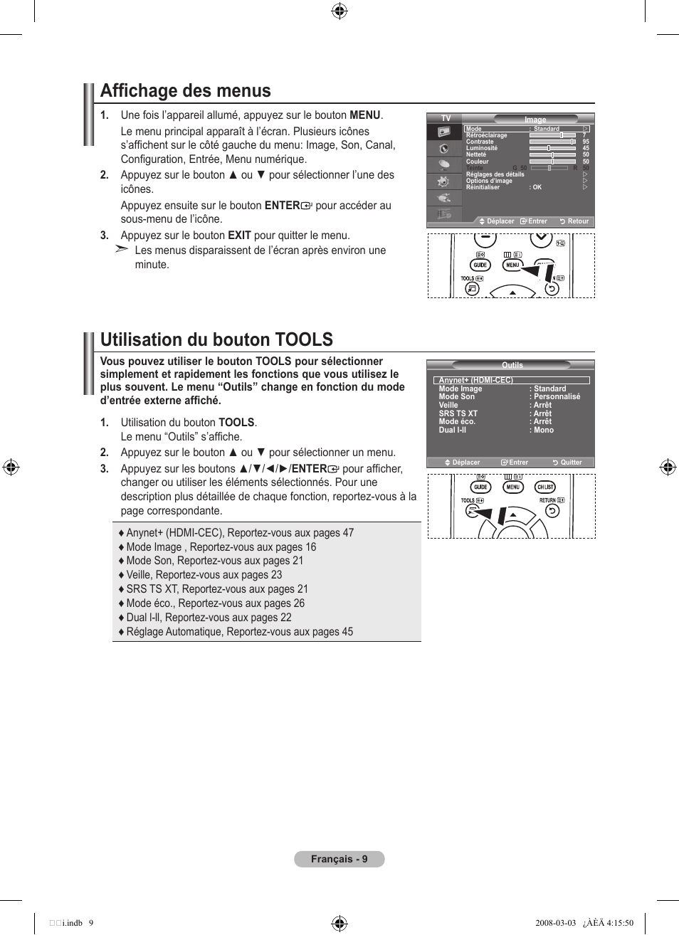 Affichage des menus, Utilisation du bouton tools | Samsung LE26A457C1D User Manual | Page 71 / 482