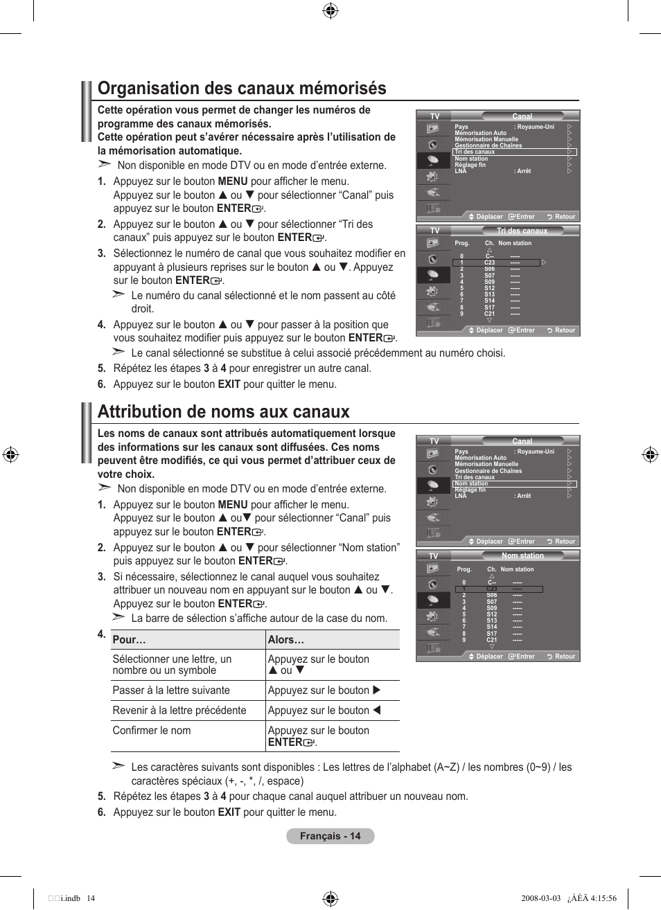 Organisation des canaux mémorisés, Attribution de noms aux canaux | Samsung LE26A457C1D User Manual | Page 76 / 482