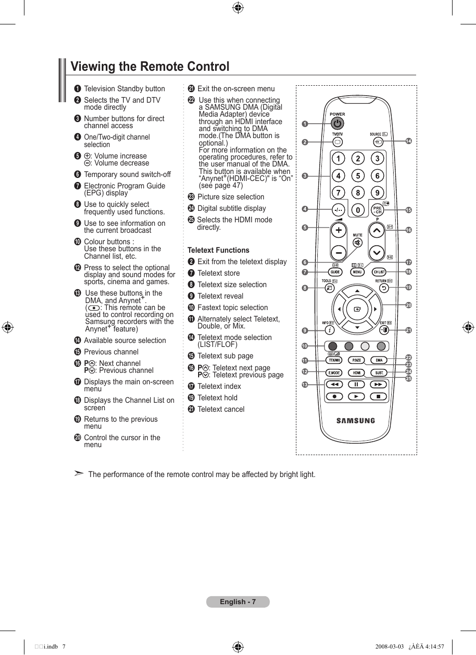 Viewing the remote control | Samsung LE26A457C1D User Manual | Page 9 / 482