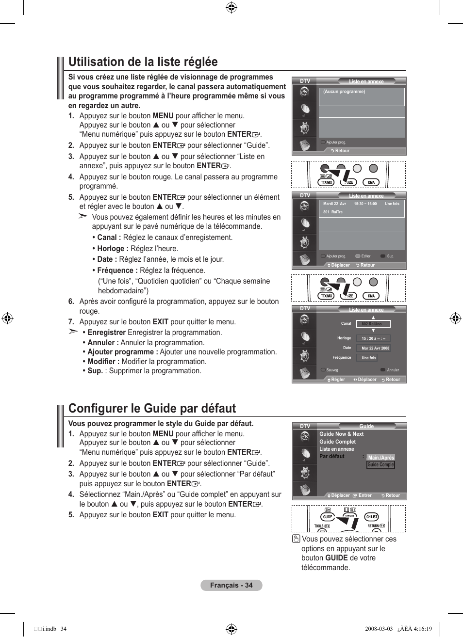 Utilisation de la liste réglée, Configurer le guide par défaut | Samsung LE26A457C1D User Manual | Page 96 / 482