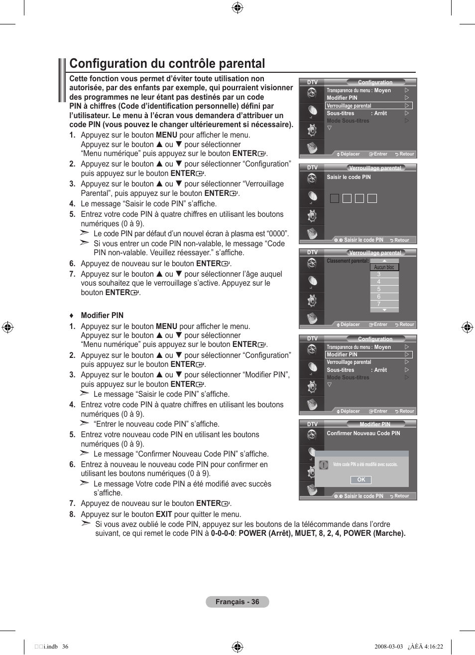 Configuration du contrôle parental | Samsung LE26A457C1D User Manual | Page 98 / 482