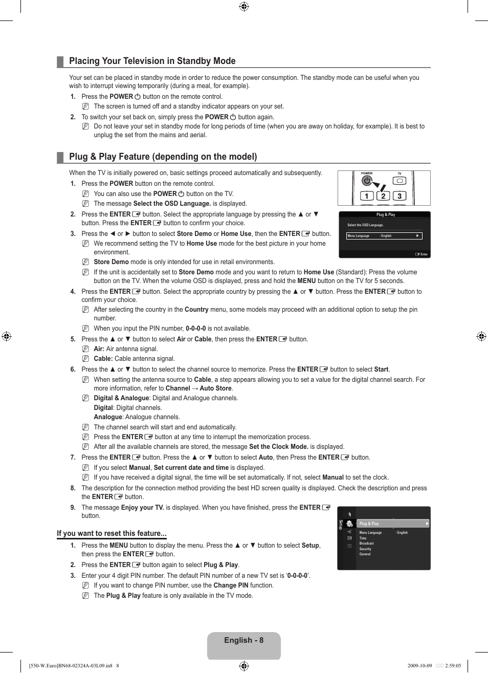 Placing your television in standby mode, Plug & play feature (depending on the model) | Samsung LE32B550A5P User Manual | Page 10 / 458