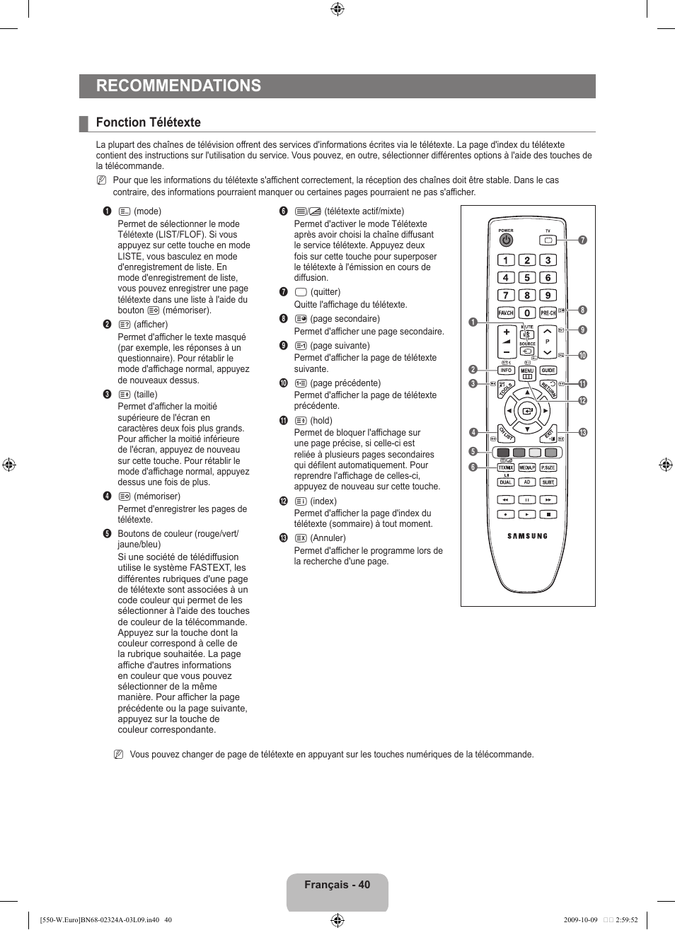 Recommendations, Fonction télétexte | Samsung LE32B550A5P User Manual | Page 104 / 458
