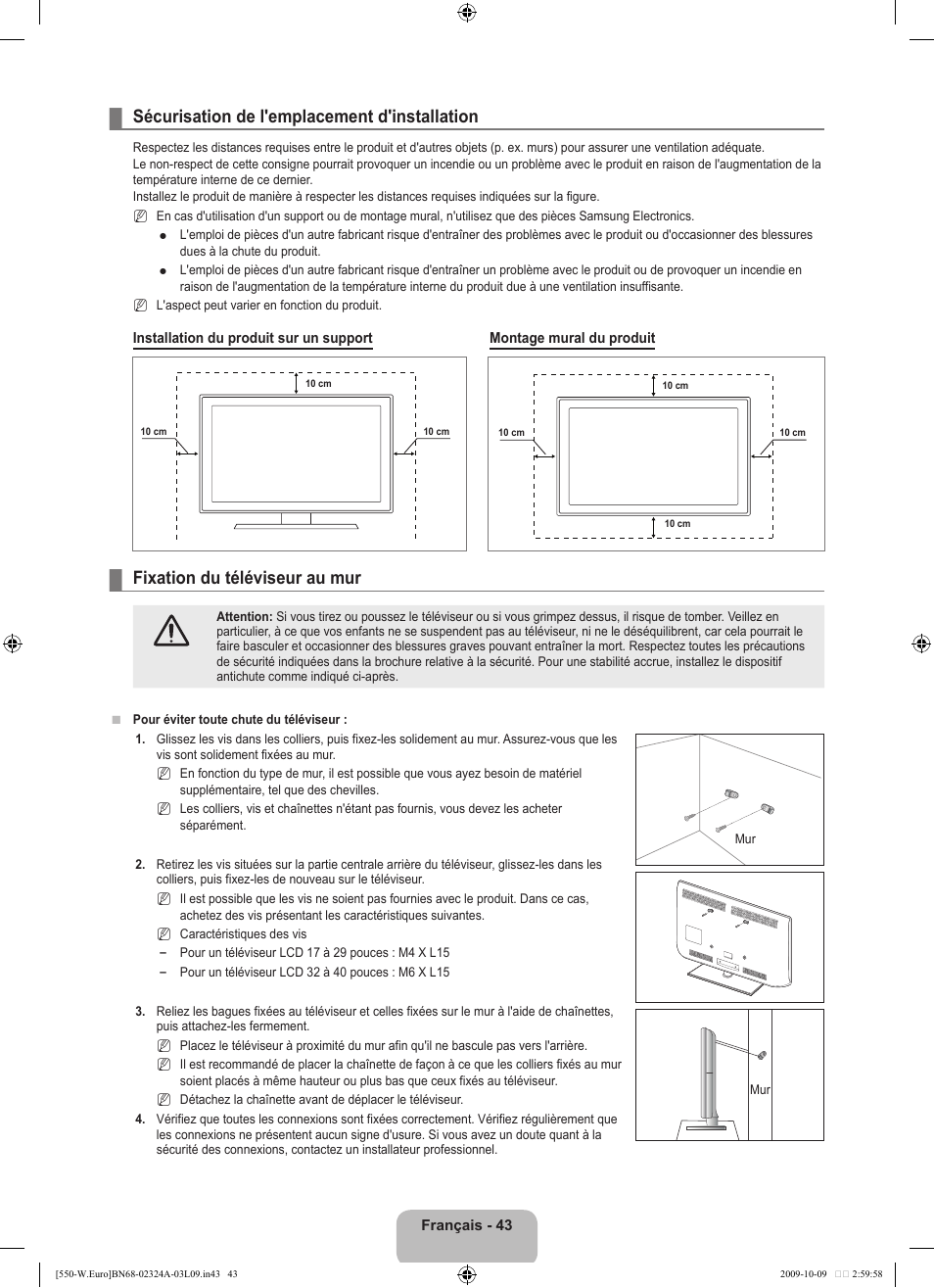 Sécurisation de l'emplacement d'installation, Fixation du téléviseur au mur | Samsung LE32B550A5P User Manual | Page 107 / 458