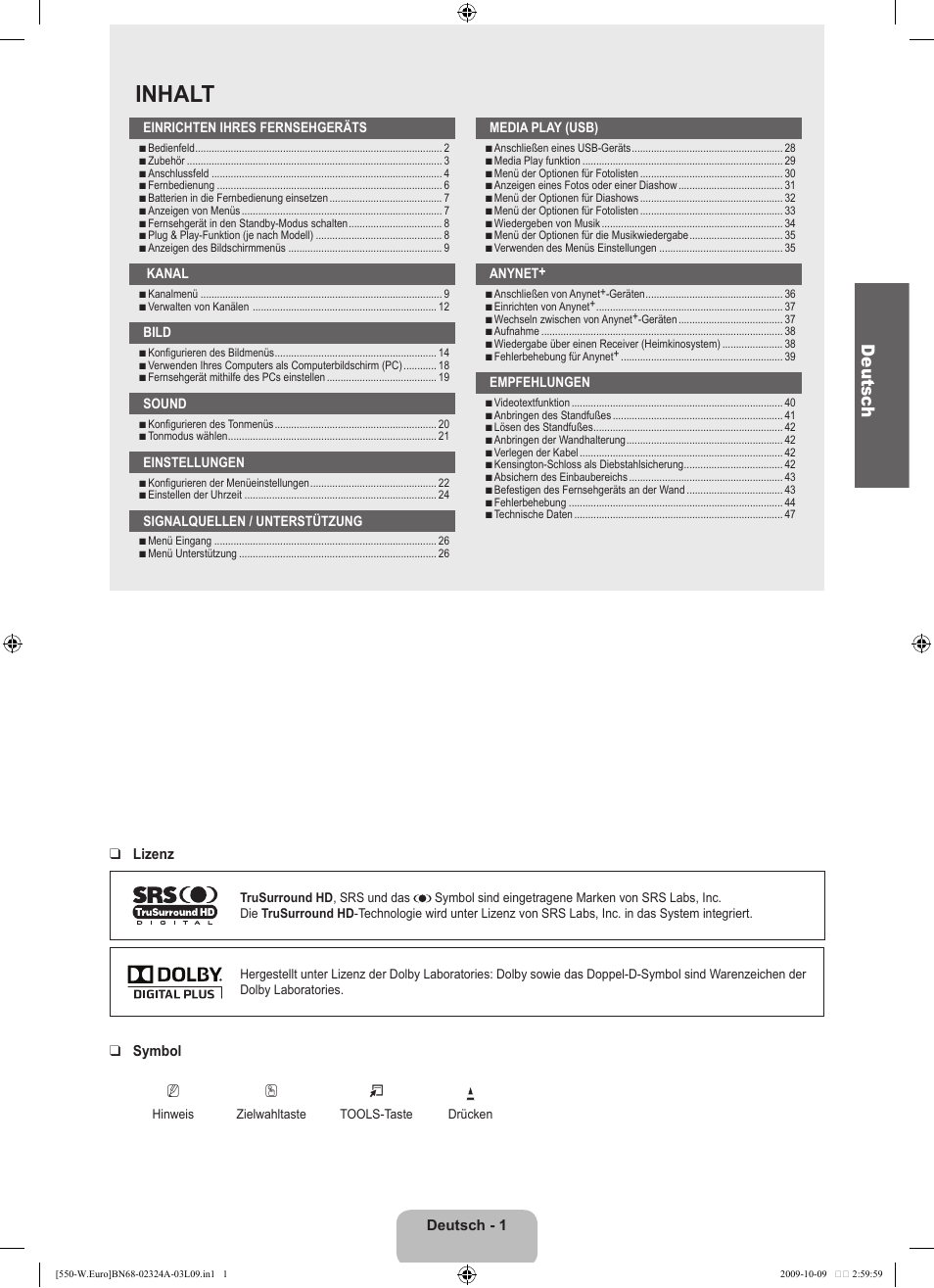 Inhalt, Deutsc h | Samsung LE32B550A5P User Manual | Page 113 / 458