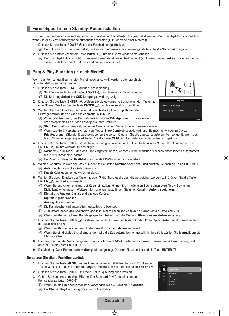 Fernsehgerät in den standby-modus schalten, Plug & play-funktion (je nach modell) | Samsung LE32B550A5P User Manual | Page 120 / 458