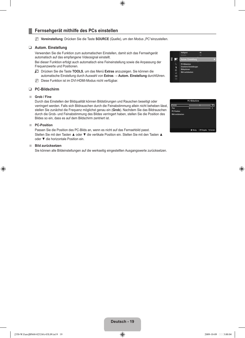 Fernsehgerät mithilfe des pcs einstellen, Deutsch - 19, Autom. einstellung | Pc-bildschirm | Samsung LE32B550A5P User Manual | Page 131 / 458