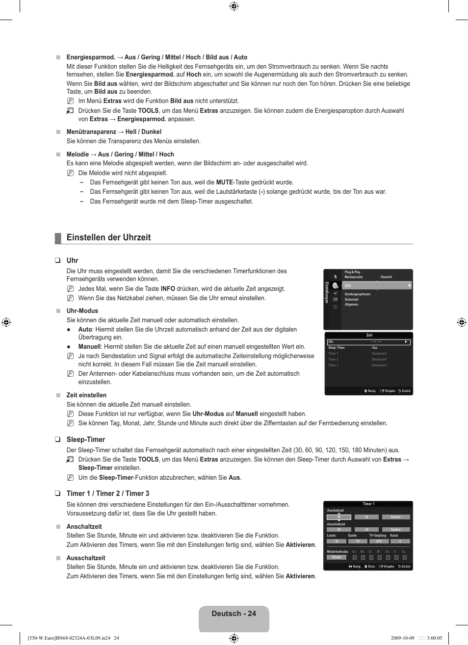 Einstellen der uhrzeit, Deutsch - 24, Sleep-timer | Timer 1 / timer 2 / timer 3 | Samsung LE32B550A5P User Manual | Page 136 / 458