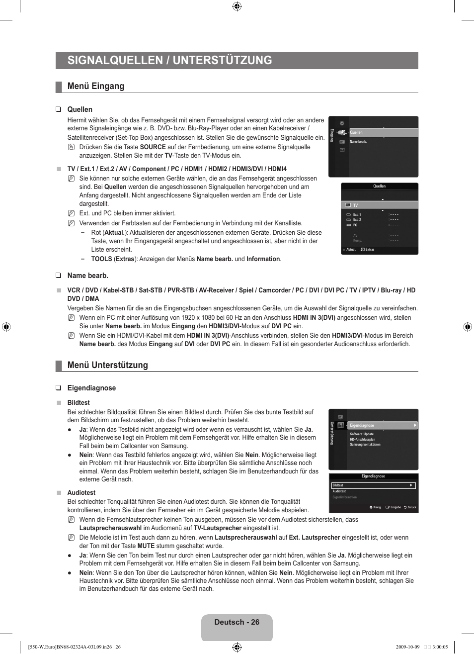 Signalquellen / unterstützung, Menü eingang, Menü unterstützung | Samsung LE32B550A5P User Manual | Page 138 / 458