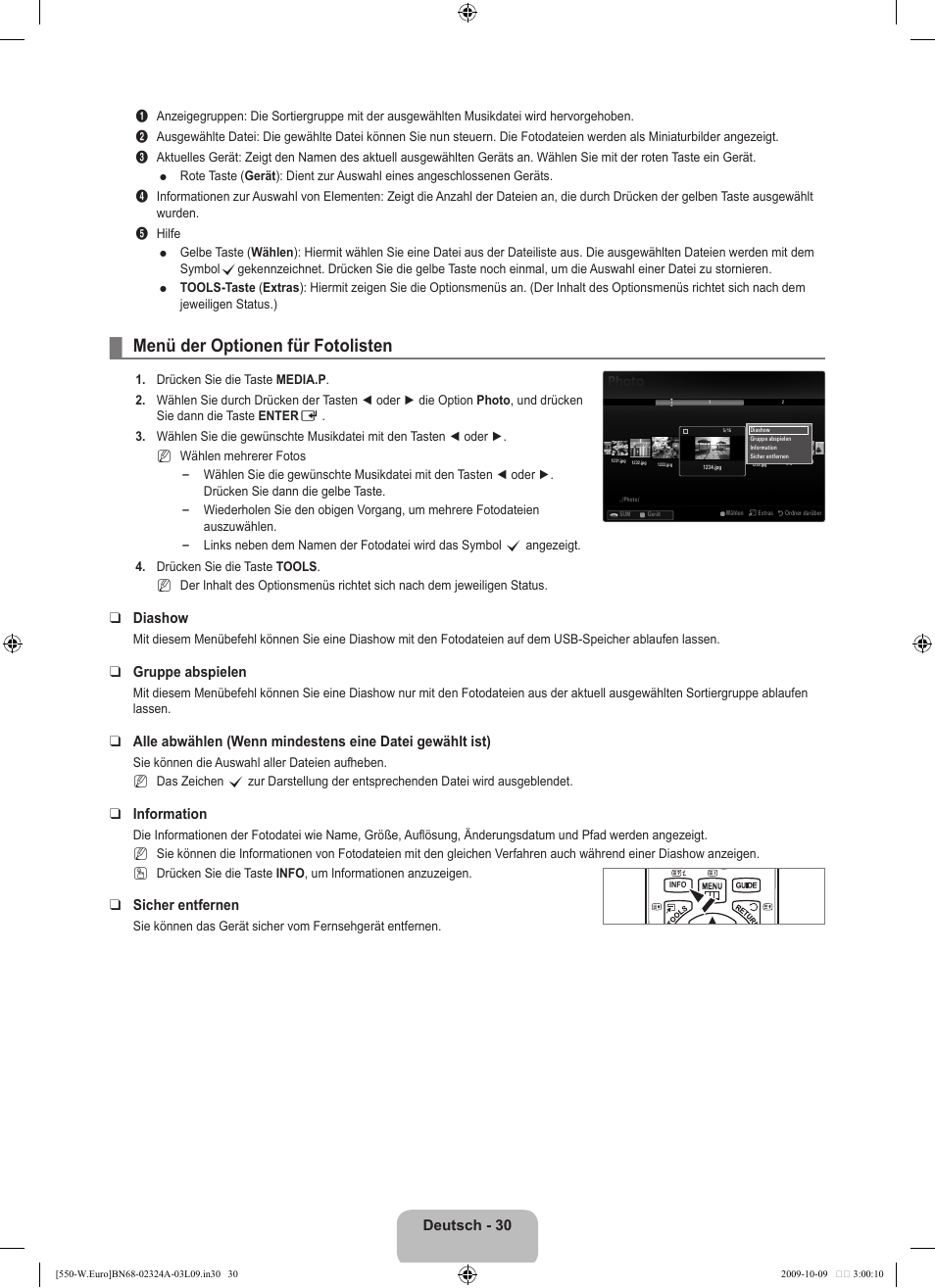 Menü der optionen für fotolisten, Deutsch - 30, Diashow | Gruppe abspielen, Information, Sicher entfernen | Samsung LE32B550A5P User Manual | Page 142 / 458
