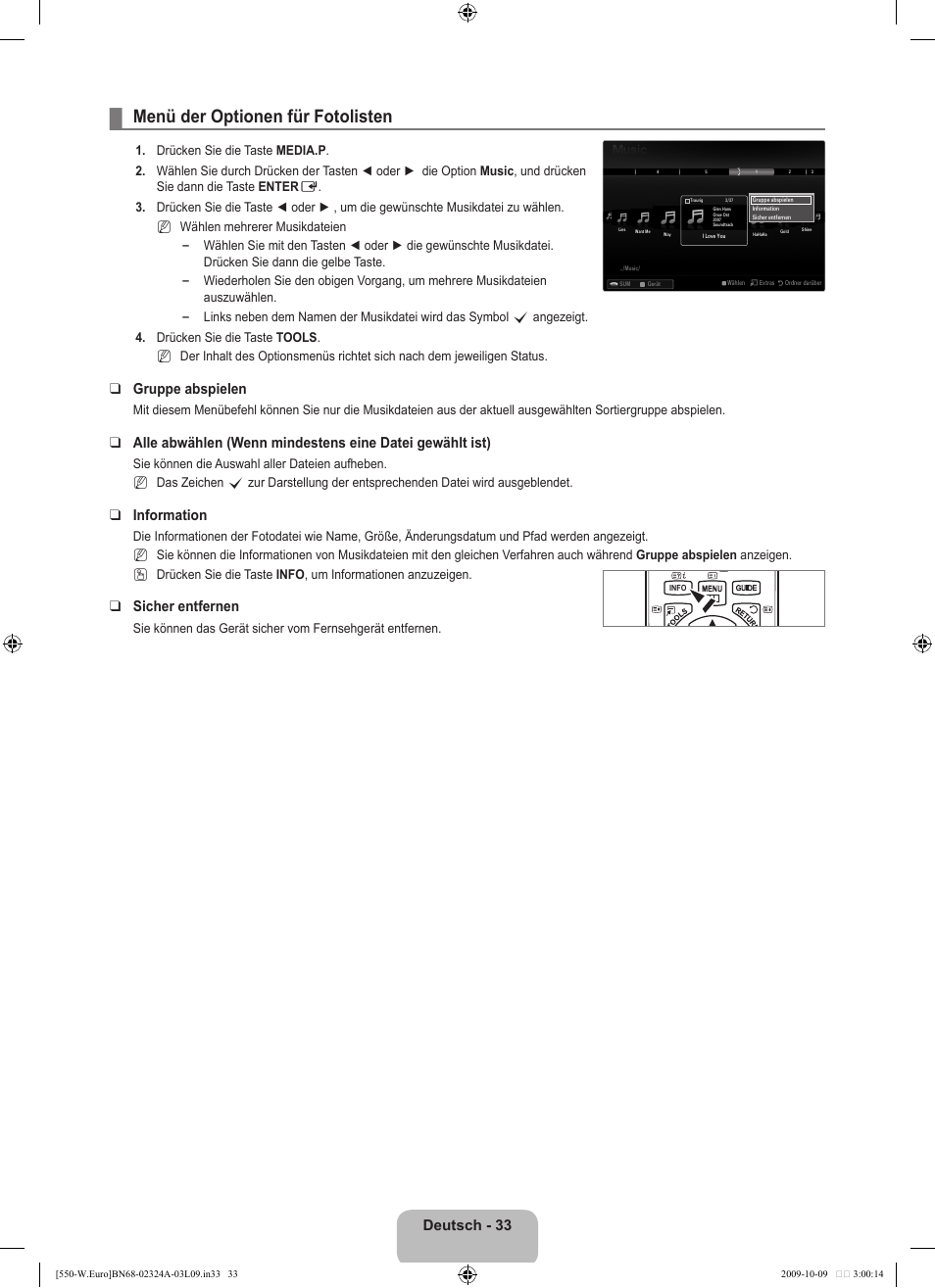 Menü der optionen für fotolisten, Deutsch - 33, Gruppe abspielen | Information, Sicher entfernen | Samsung LE32B550A5P User Manual | Page 145 / 458