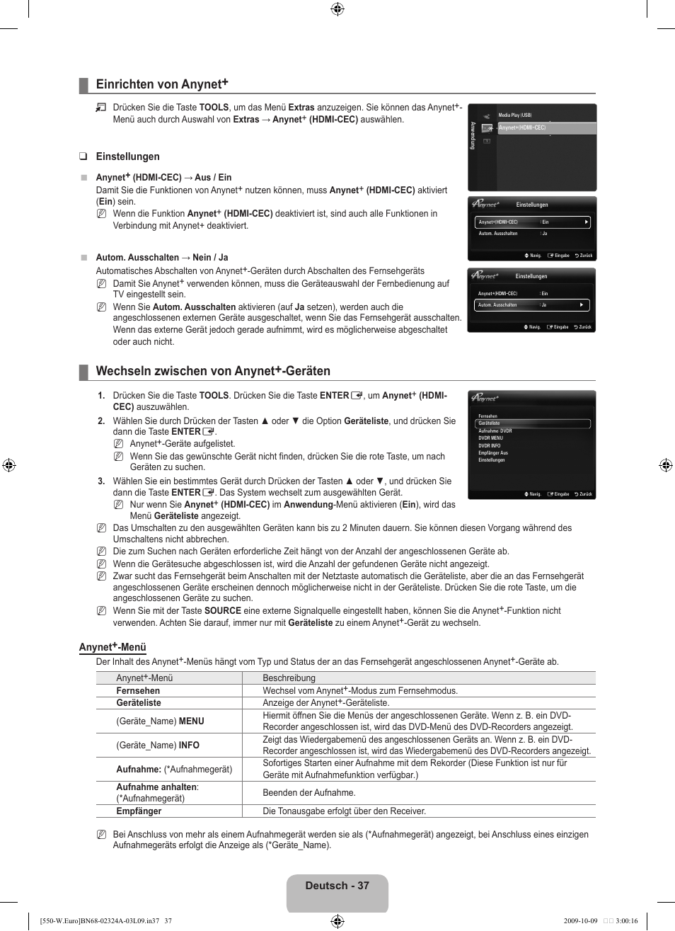 Einrichten von anynet, Wechseln zwischen von anynet+-geräten | Samsung LE32B550A5P User Manual | Page 149 / 458