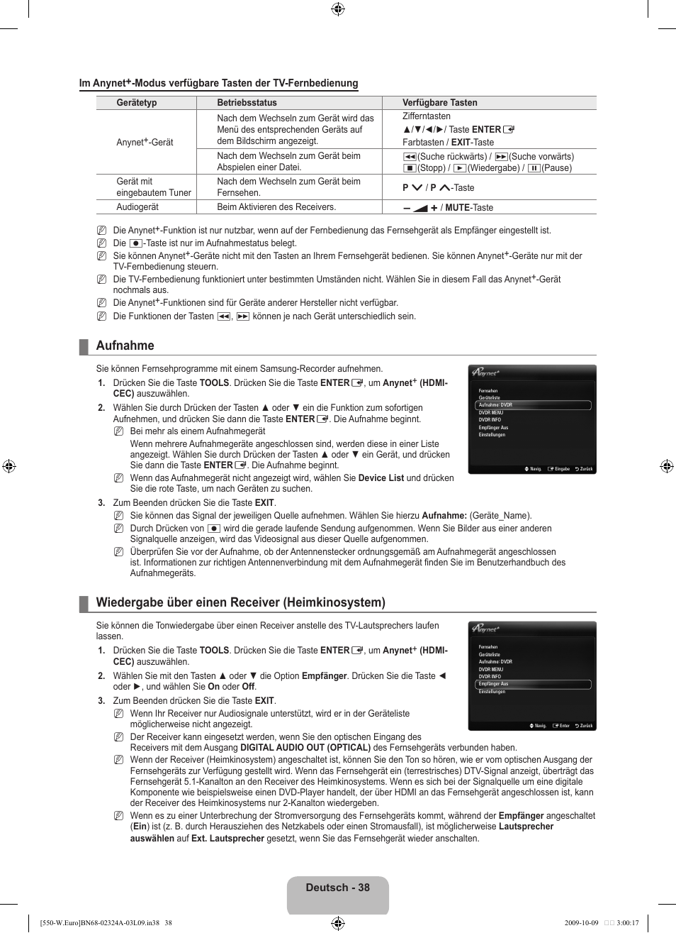 Aufnahme, Wiedergabe über einen receiver (heimkinosystem) | Samsung LE32B550A5P User Manual | Page 150 / 458