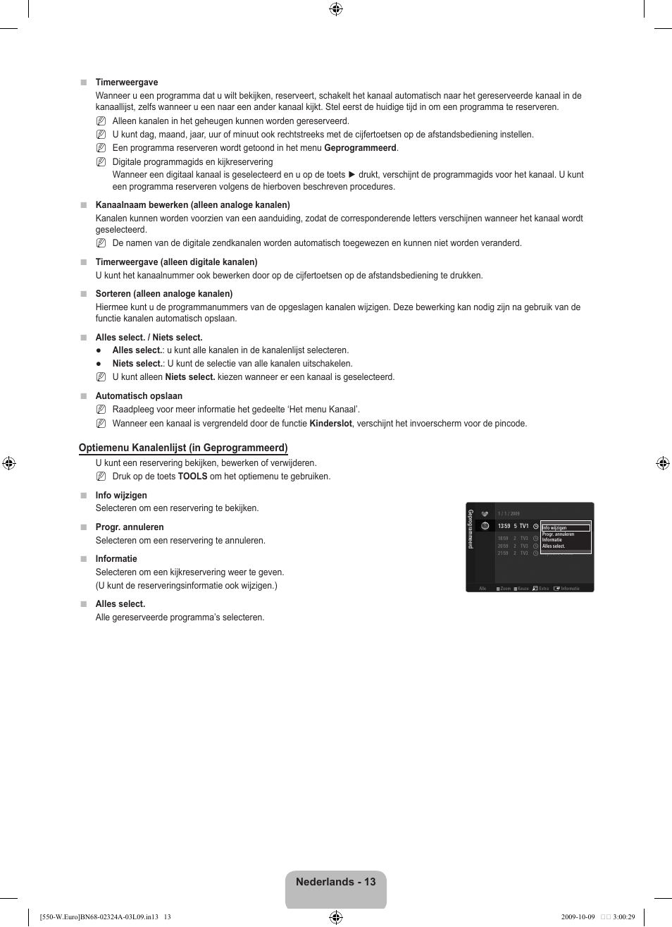Nederlands - 13, Optiemenu kanalenlijst (in geprogrammeerd) | Samsung LE32B550A5P User Manual | Page 173 / 458