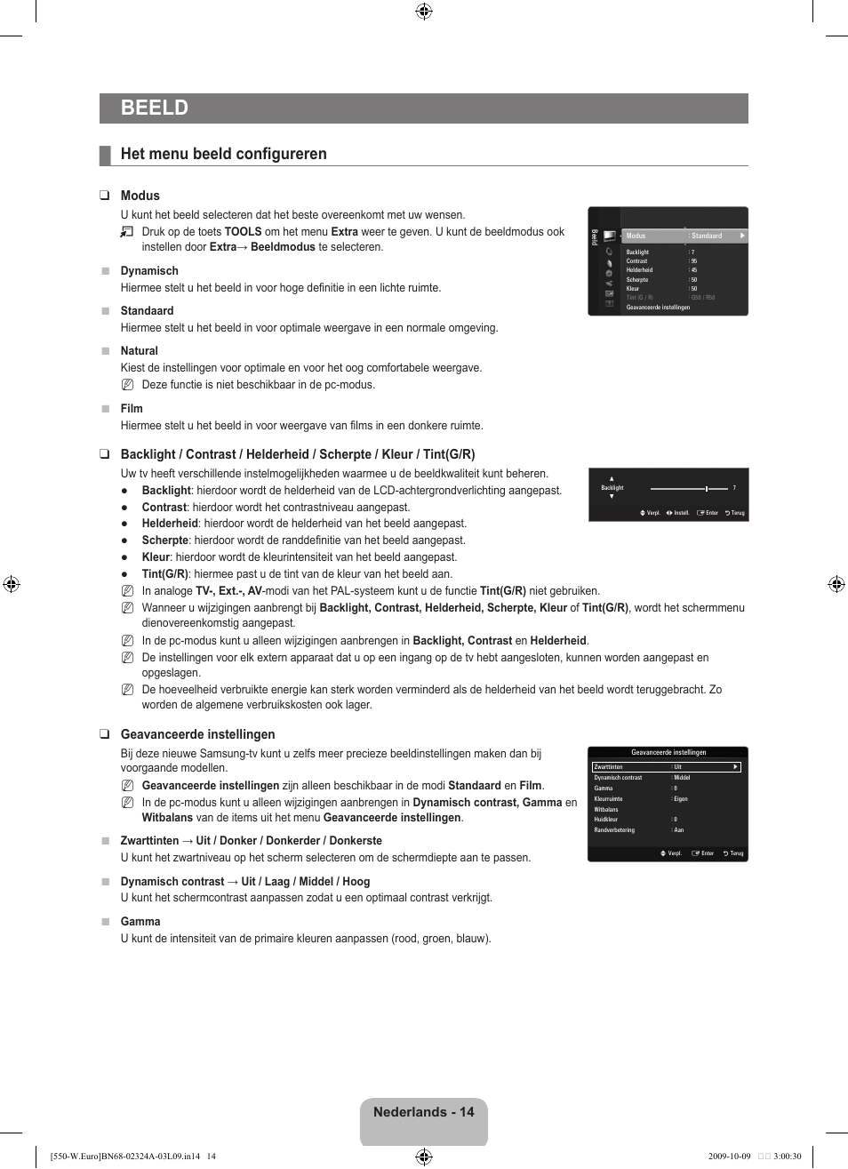 Beeld, Het menu beeld configureren, Nederlands - 14 | Modus, Geavanceerde instellingen | Samsung LE32B550A5P User Manual | Page 174 / 458