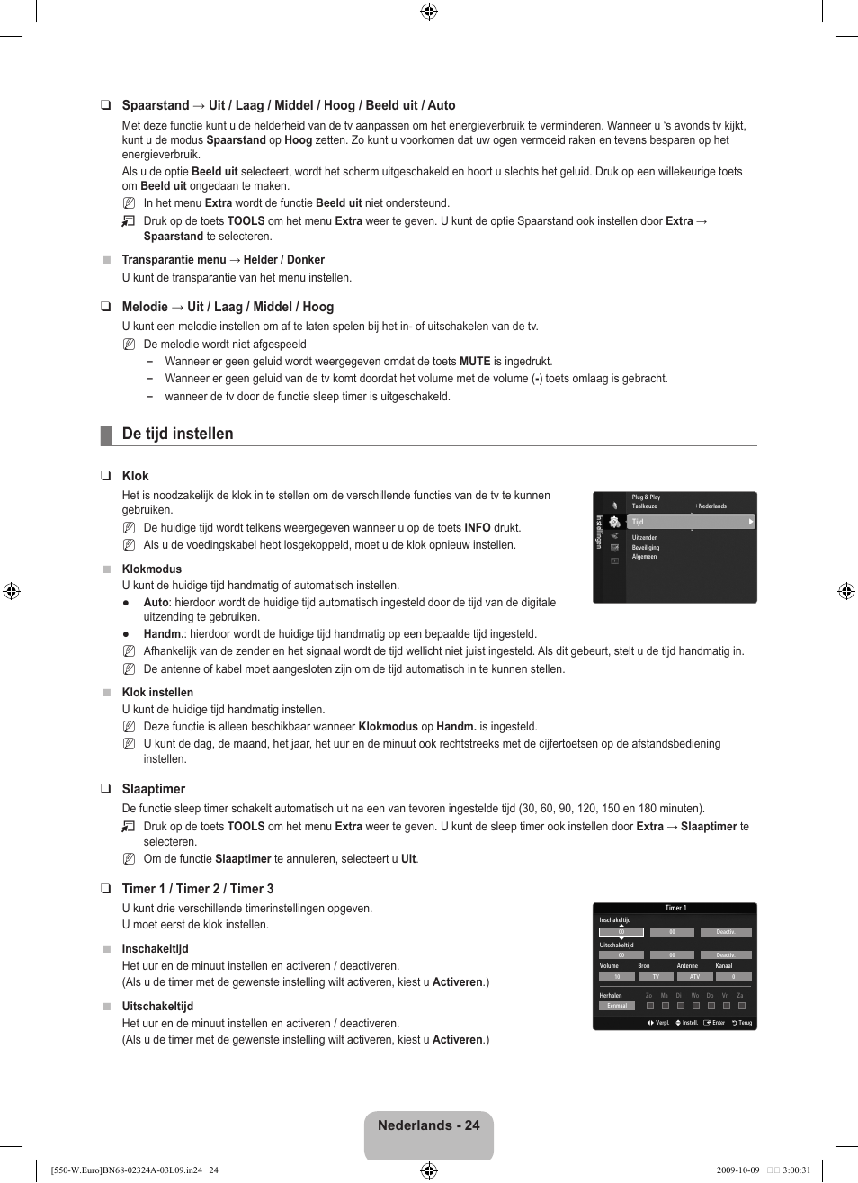 De tijd instellen, Melodie → uit / laag / middel / hoog, Klok | Slaaptimer, Timer 1 / timer 2 / timer 3 | Samsung LE32B550A5P User Manual | Page 184 / 458