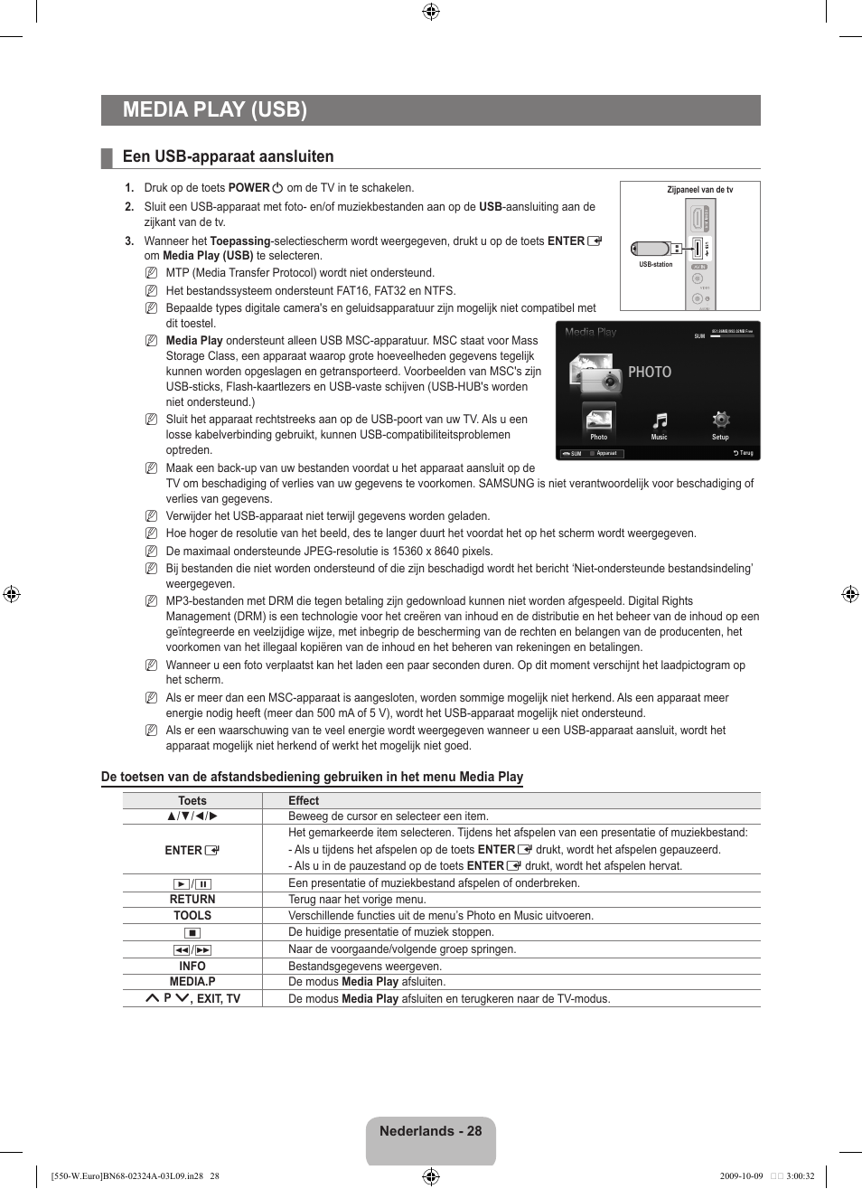 Media play (usb), Een usb-apparaat aansluiten, Photo | Samsung LE32B550A5P User Manual | Page 188 / 458