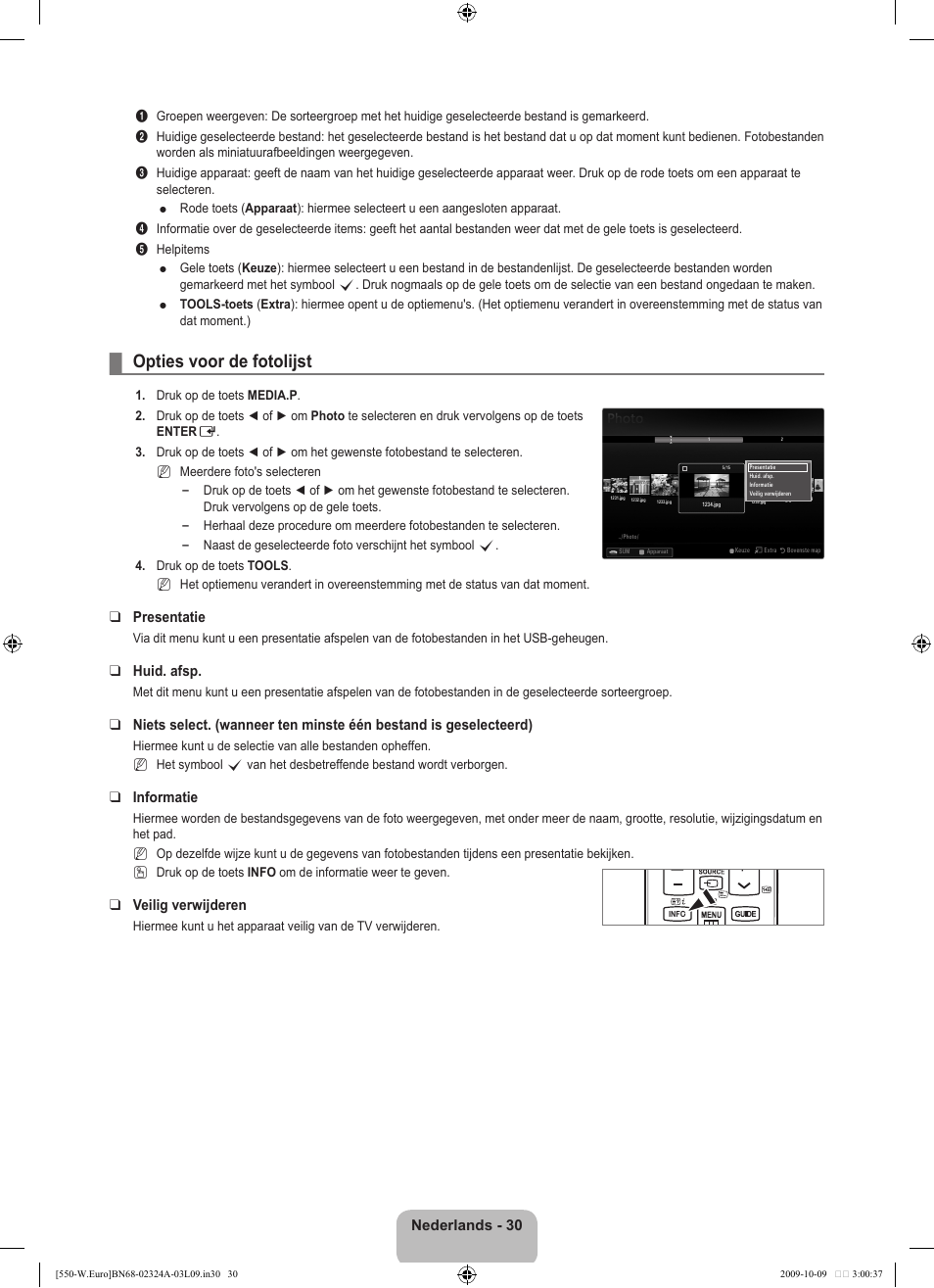 Opties voor de fotolijst, Nederlands - 30, Presentatie | Huid. afsp, Informatie, Veilig verwijderen | Samsung LE32B550A5P User Manual | Page 190 / 458
