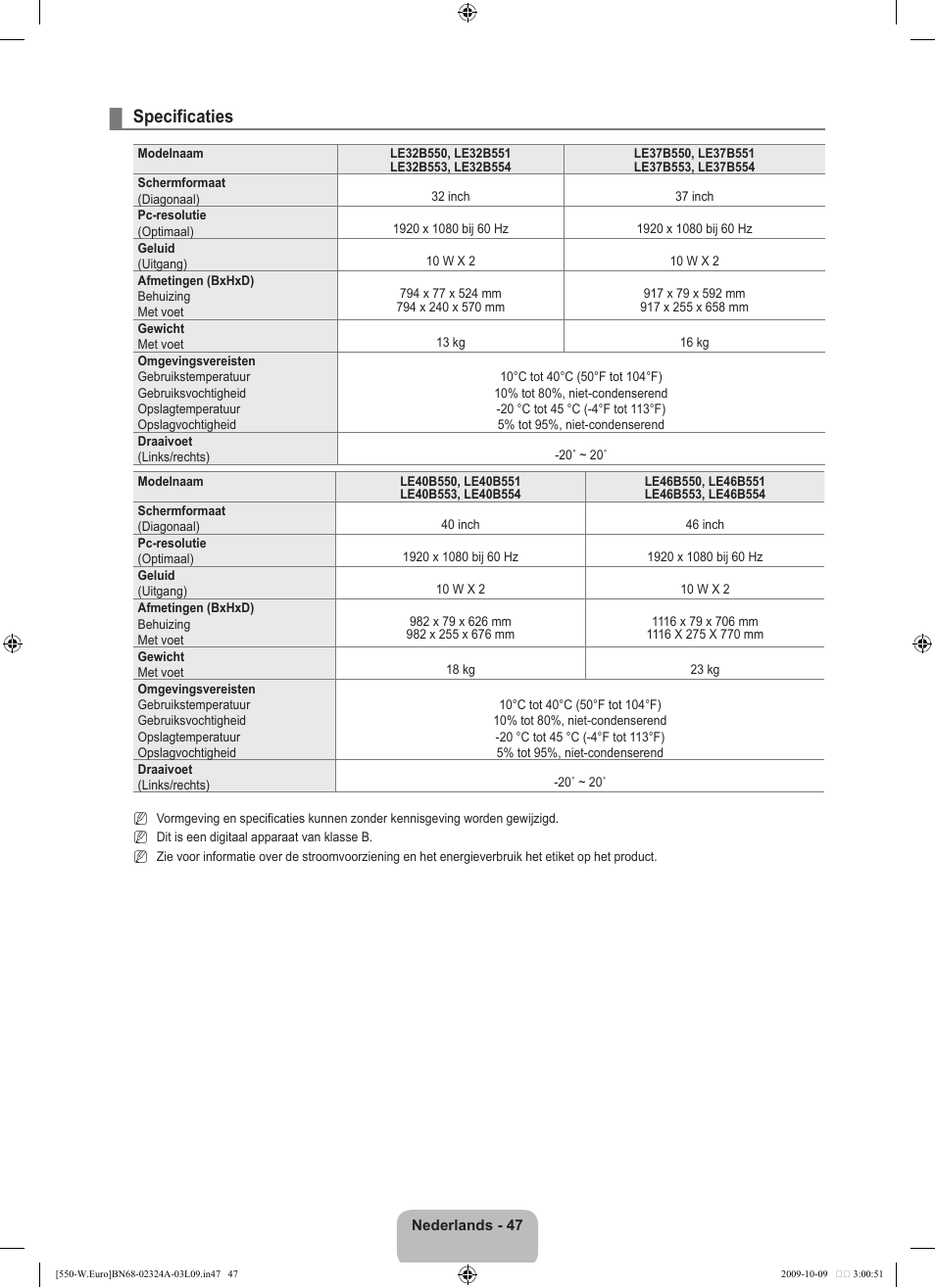 Specificaties | Samsung LE32B550A5P User Manual | Page 207 / 458