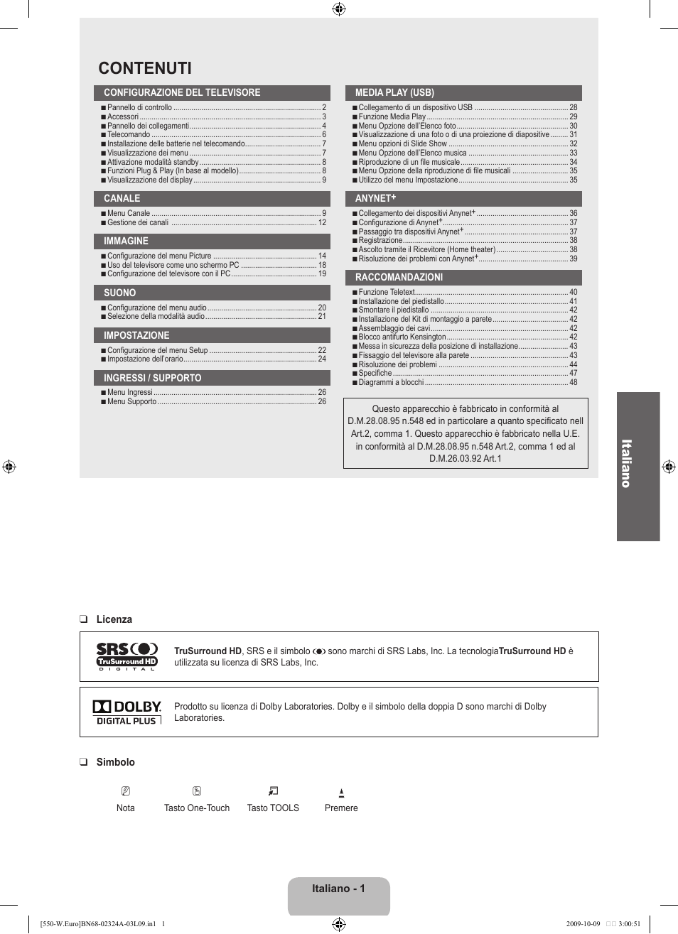 Contenuti, Italiano | Samsung LE32B550A5P User Manual | Page 209 / 458
