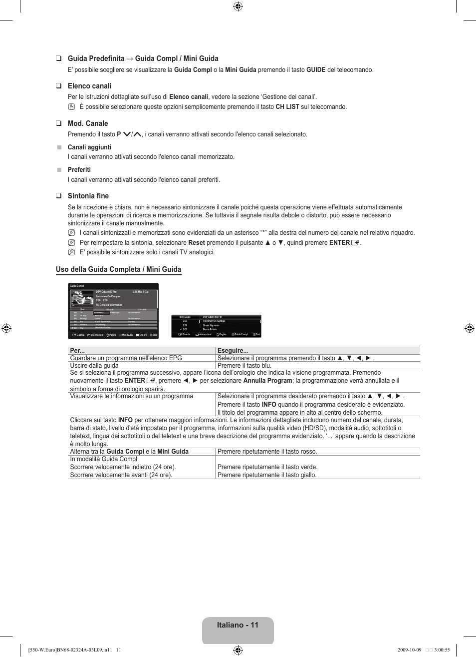 Elenco canali, Mod. canale, Sintonia fine | Uso della guida completa / mini guida | Samsung LE32B550A5P User Manual | Page 219 / 458