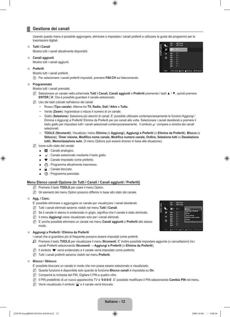 Gestione dei canali, Italiano - 12 | Samsung LE32B550A5P User Manual | Page 220 / 458