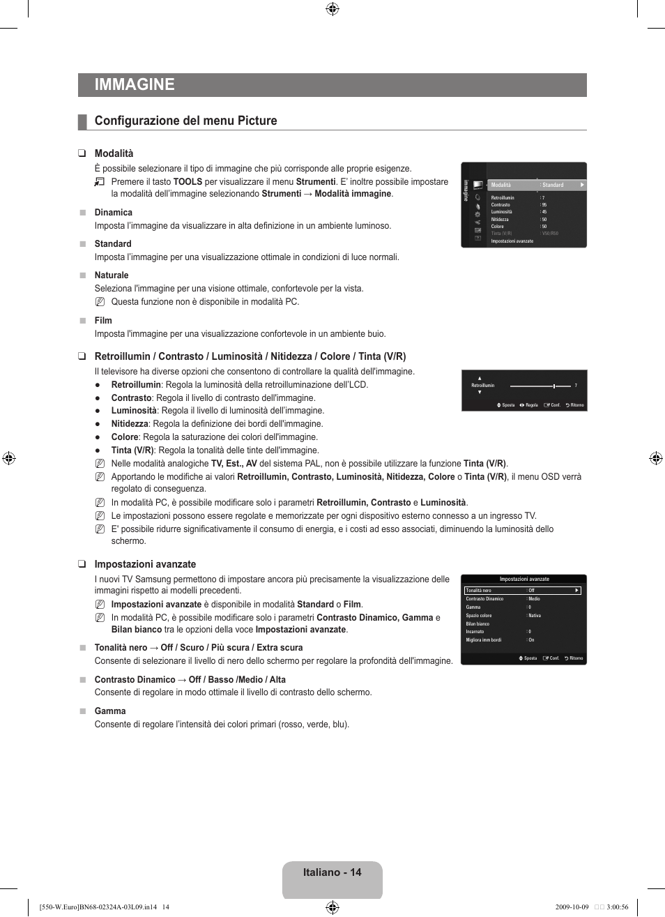 Immagine, Configurazione del menu picture, Italiano - 14 | Modalità, Impostazioni avanzate | Samsung LE32B550A5P User Manual | Page 222 / 458