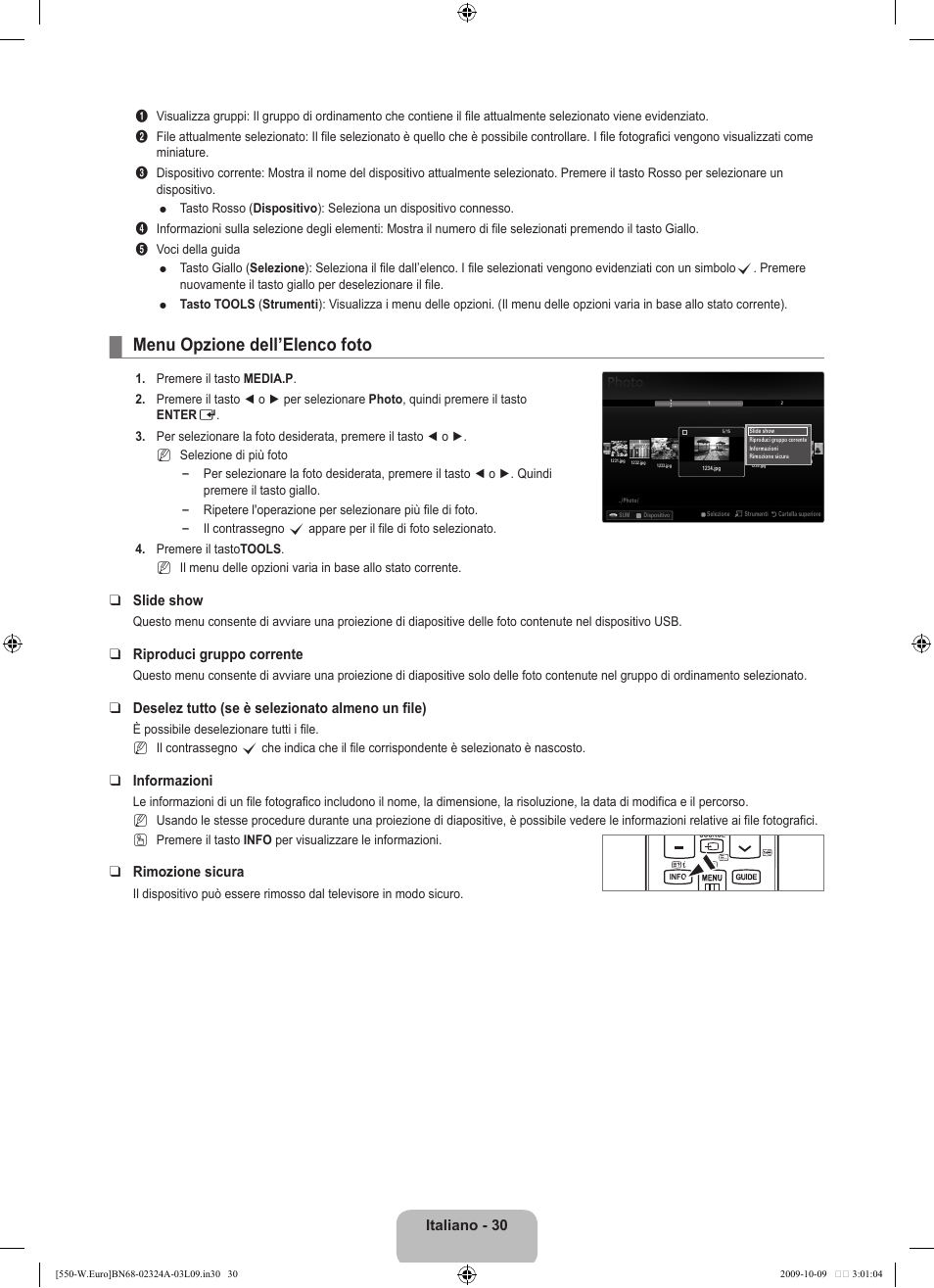 Menu opzione dell’elenco foto, Italiano - 30, Slide show | Riproduci gruppo corrente, Deselez tutto (se è selezionato almeno un file), Informazioni, Rimozione sicura | Samsung LE32B550A5P User Manual | Page 238 / 458