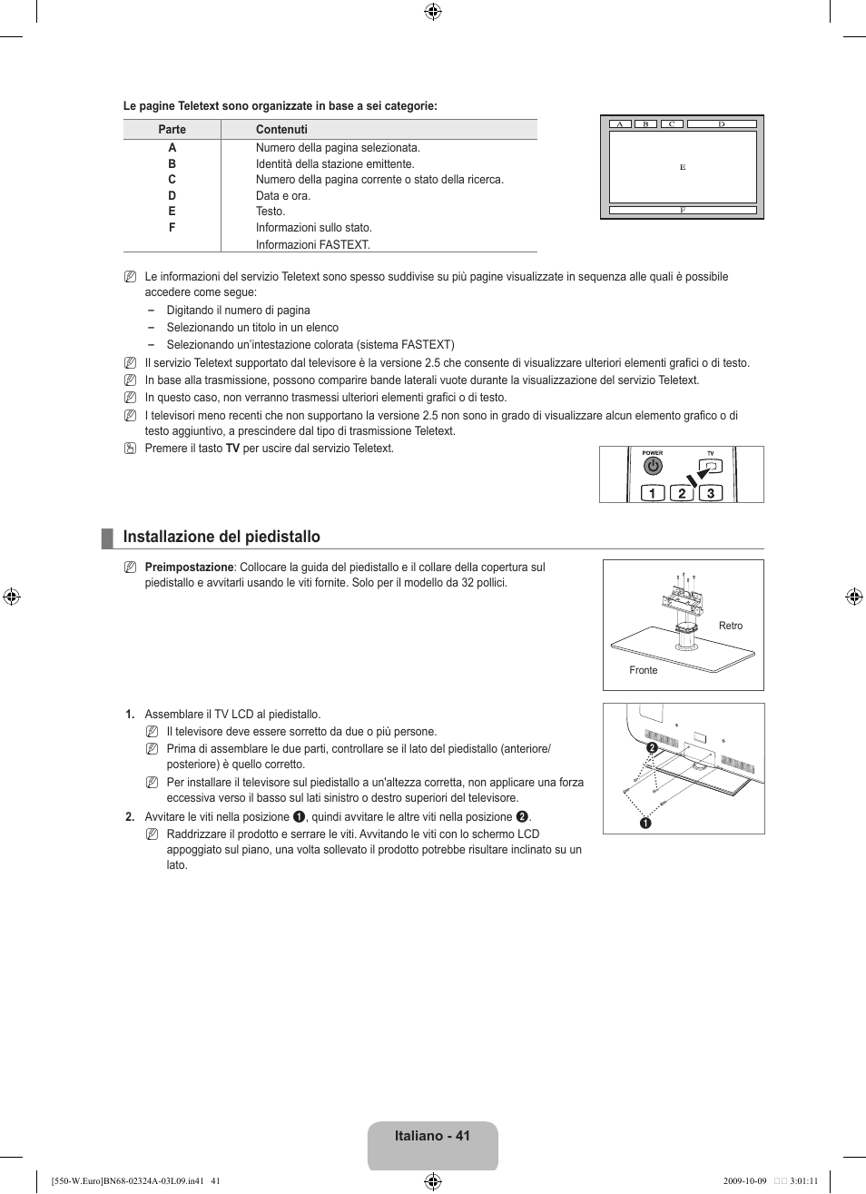 Installazione del piedistallo | Samsung LE32B550A5P User Manual | Page 249 / 458