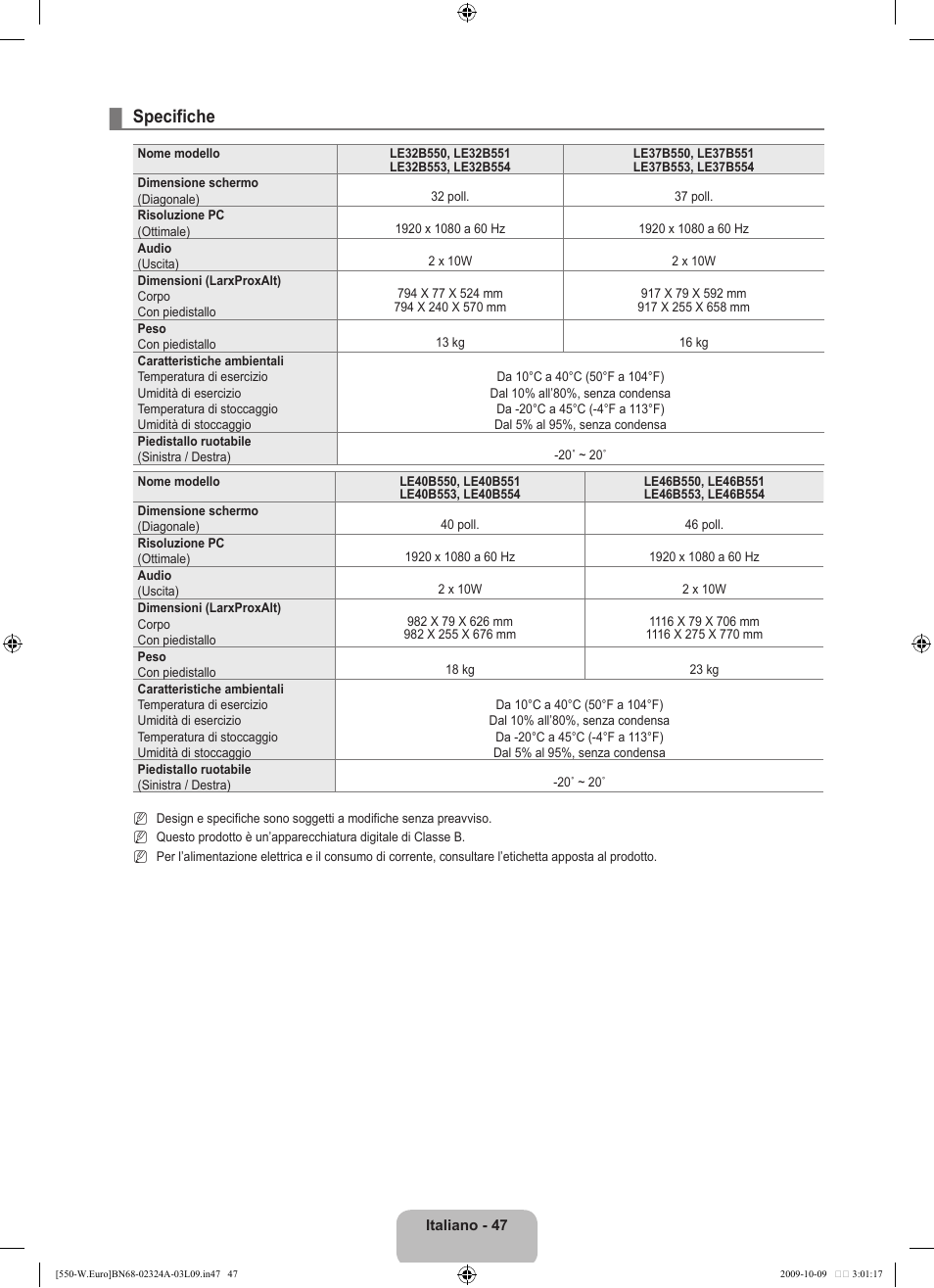 Specifiche | Samsung LE32B550A5P User Manual | Page 255 / 458