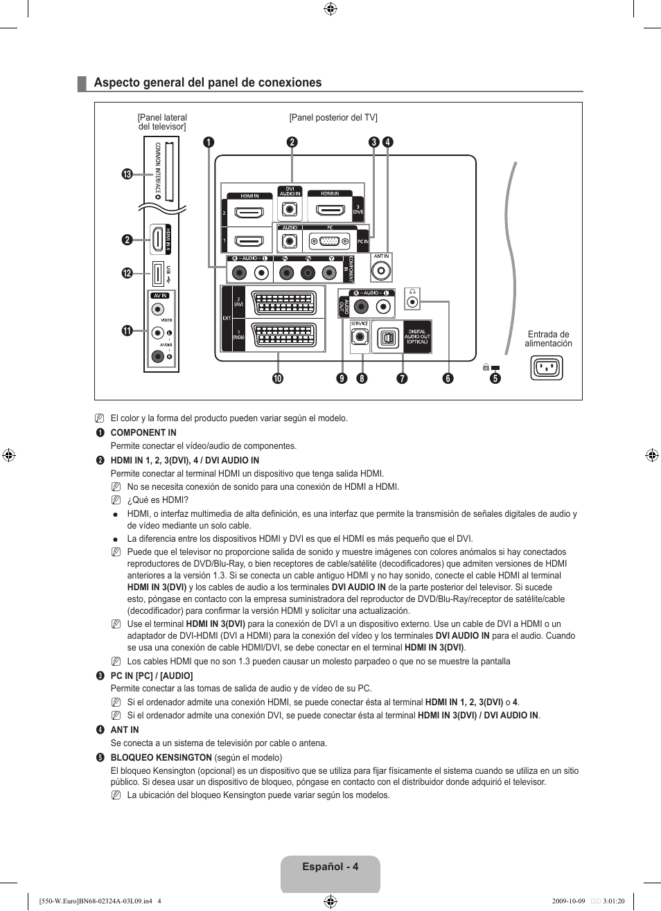 Aspecto general del panel de conexiones | Samsung LE32B550A5P User Manual | Page 262 / 458