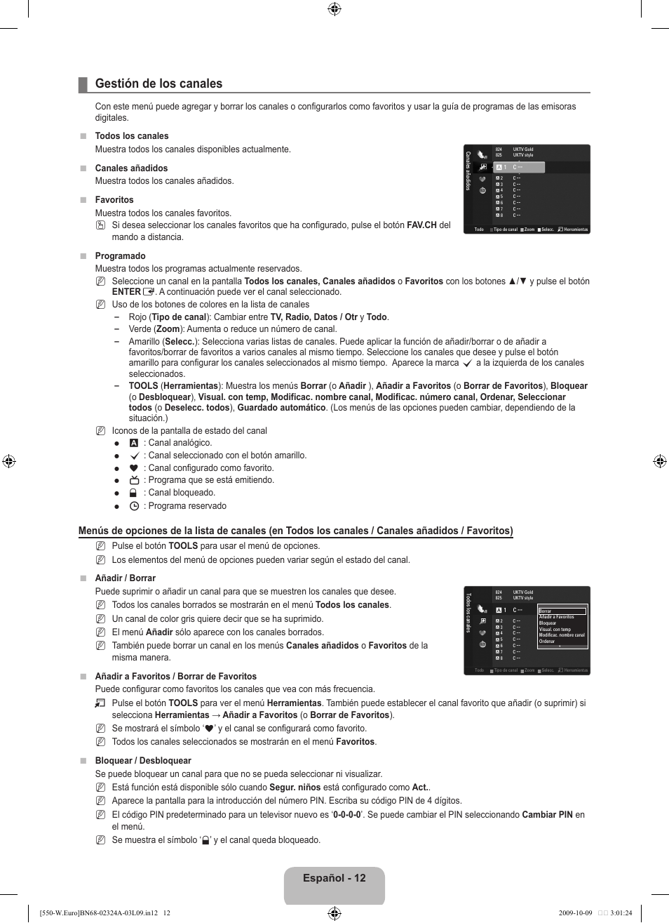Gestión de los canales, Español - 12 | Samsung LE32B550A5P User Manual | Page 270 / 458