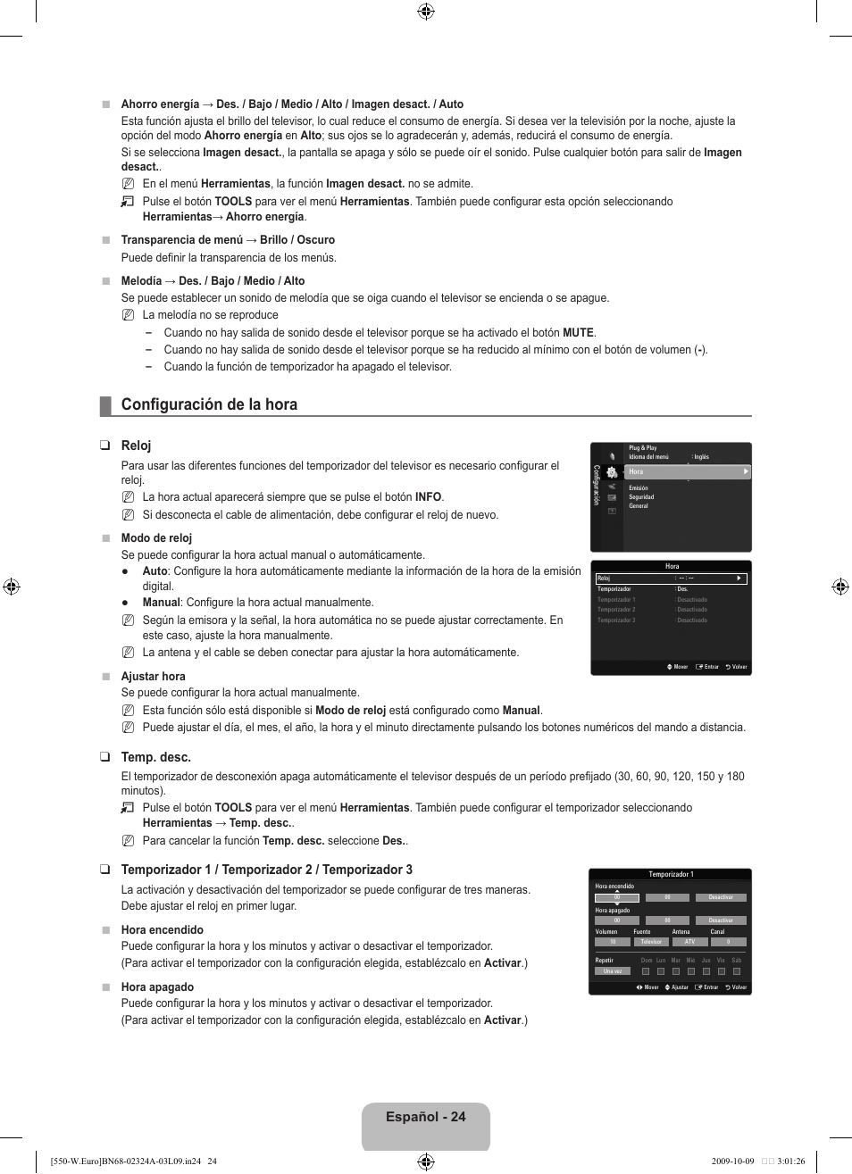 Configuración de la hora, Español - 24, Reloj | Temp. desc, Temporizador 1 / temporizador 2 / temporizador 3 | Samsung LE32B550A5P User Manual | Page 282 / 458