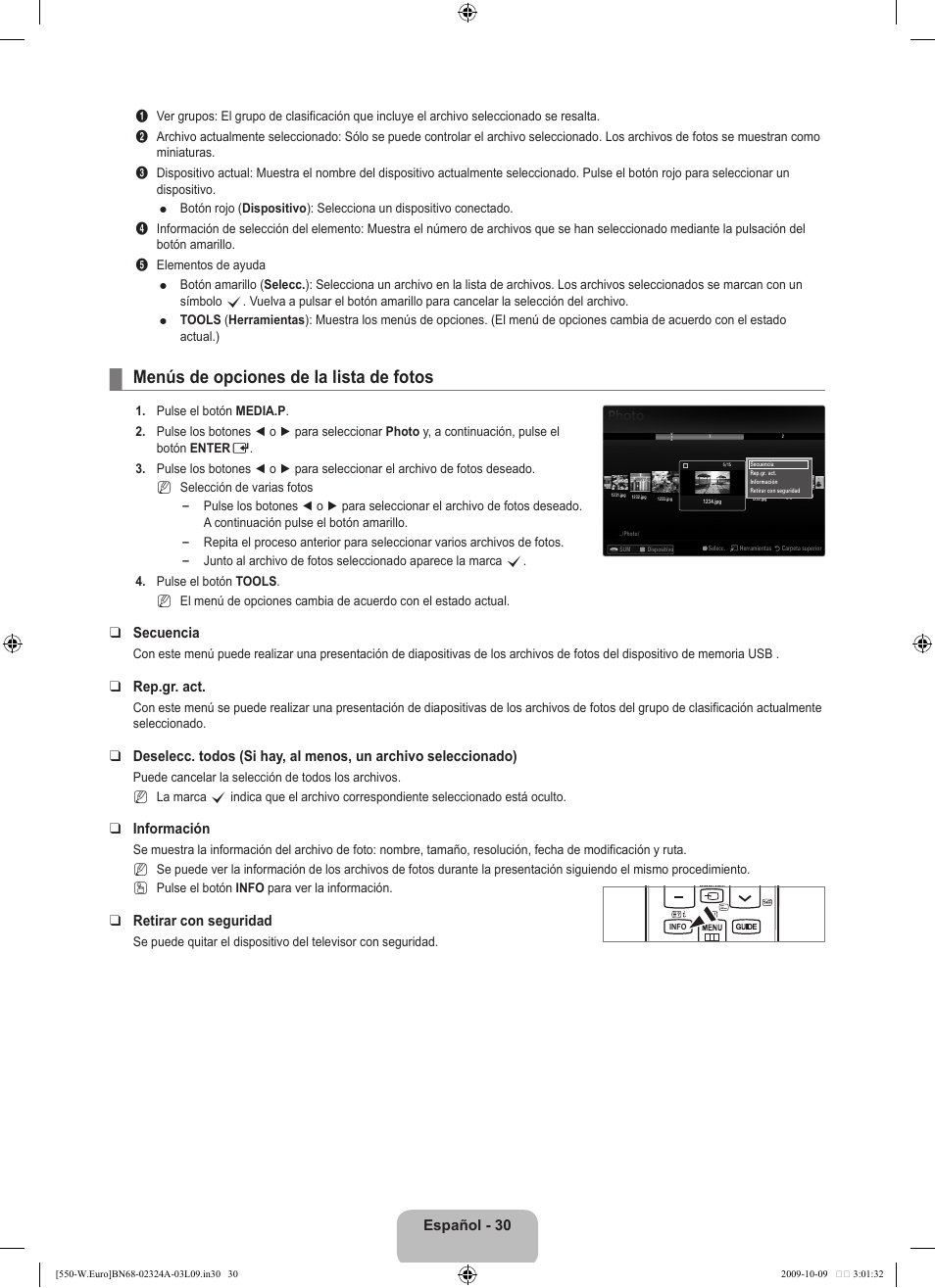 Menús de opciones de la lista de fotos, Español - 30, Secuencia | Rep.gr. act, Información, Retirar con seguridad | Samsung LE32B550A5P User Manual | Page 288 / 458