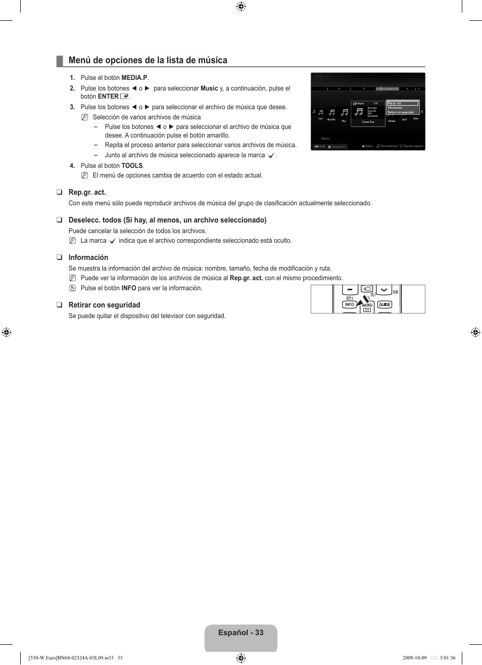 Menú de opciones de la lista de música, Español - 33, Rep.gr. act | Información, Retirar con seguridad | Samsung LE32B550A5P User Manual | Page 291 / 458