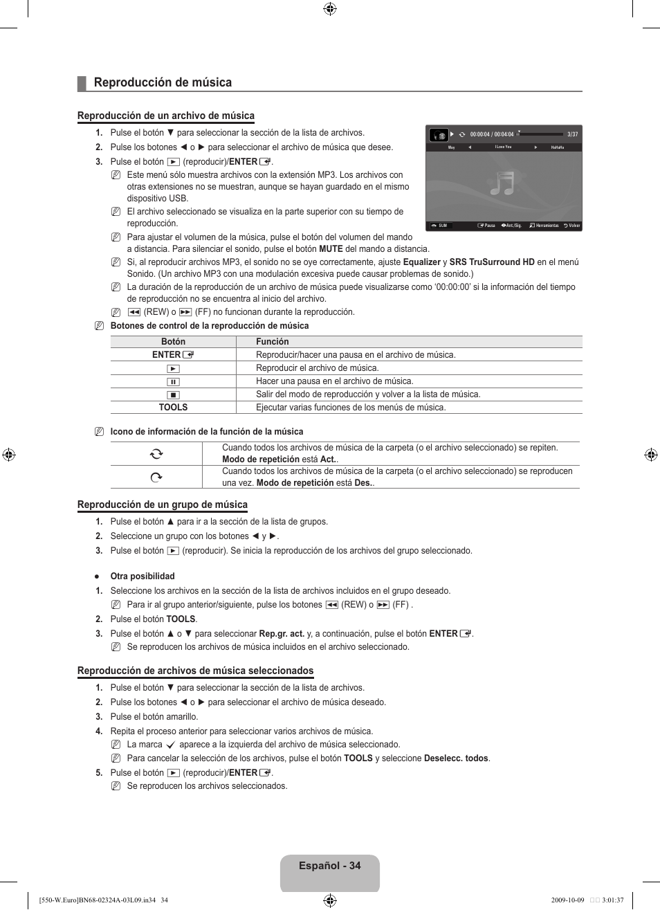 Reproducción de música | Samsung LE32B550A5P User Manual | Page 292 / 458