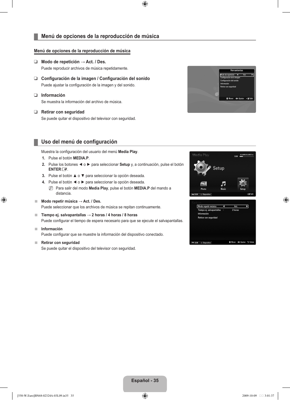 Menú de opciones de la reproducción de música, Uso del menú de configuración, Setup | Samsung LE32B550A5P User Manual | Page 293 / 458