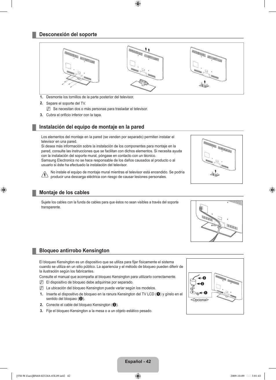 Desconexión del soporte, Instalación del equipo de montaje en la pared, Montaje de los cables | Bloqueo antirrobo kensington | Samsung LE32B550A5P User Manual | Page 300 / 458