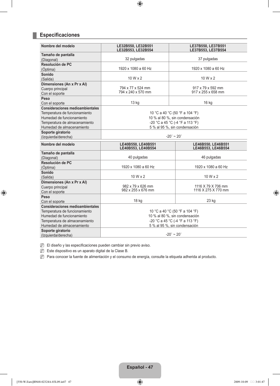 Especificaciones | Samsung LE32B550A5P User Manual | Page 305 / 458