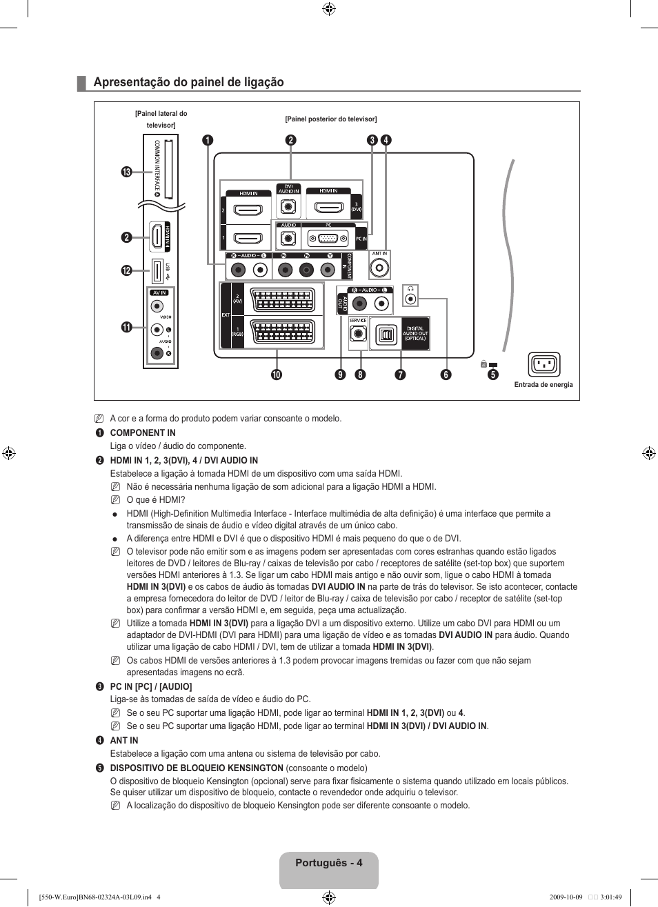 Apresentação do painel de ligação | Samsung LE32B550A5P User Manual | Page 310 / 458