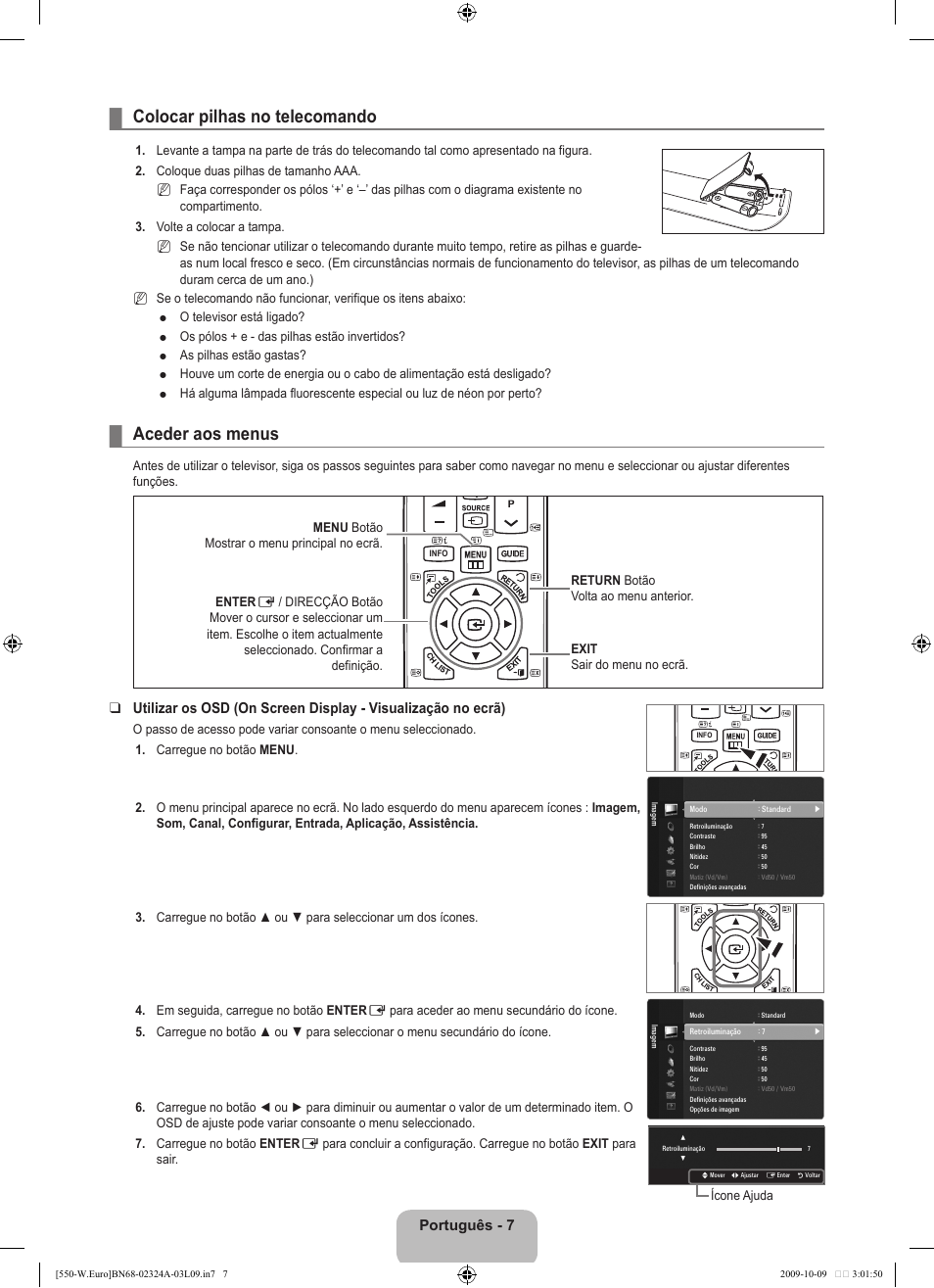 Operation, Colocar pilhas no telecomando, Aceder aos menus | Português | Samsung LE32B550A5P User Manual | Page 313 / 458