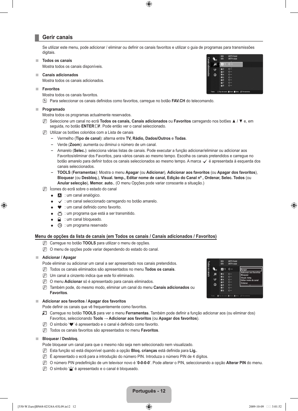 Gerir canais, Português - 12 | Samsung LE32B550A5P User Manual | Page 318 / 458