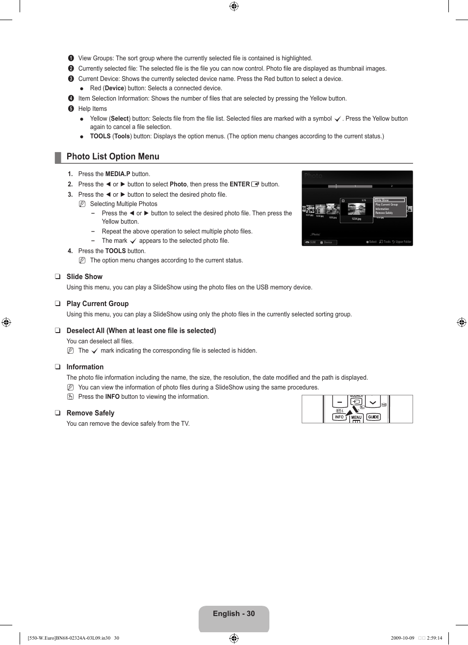 Photo list option menu, English - 30, Slide show | Play current group, Deselect all (when at least one file is selected), Information, Remove safely | Samsung LE32B550A5P User Manual | Page 32 / 458