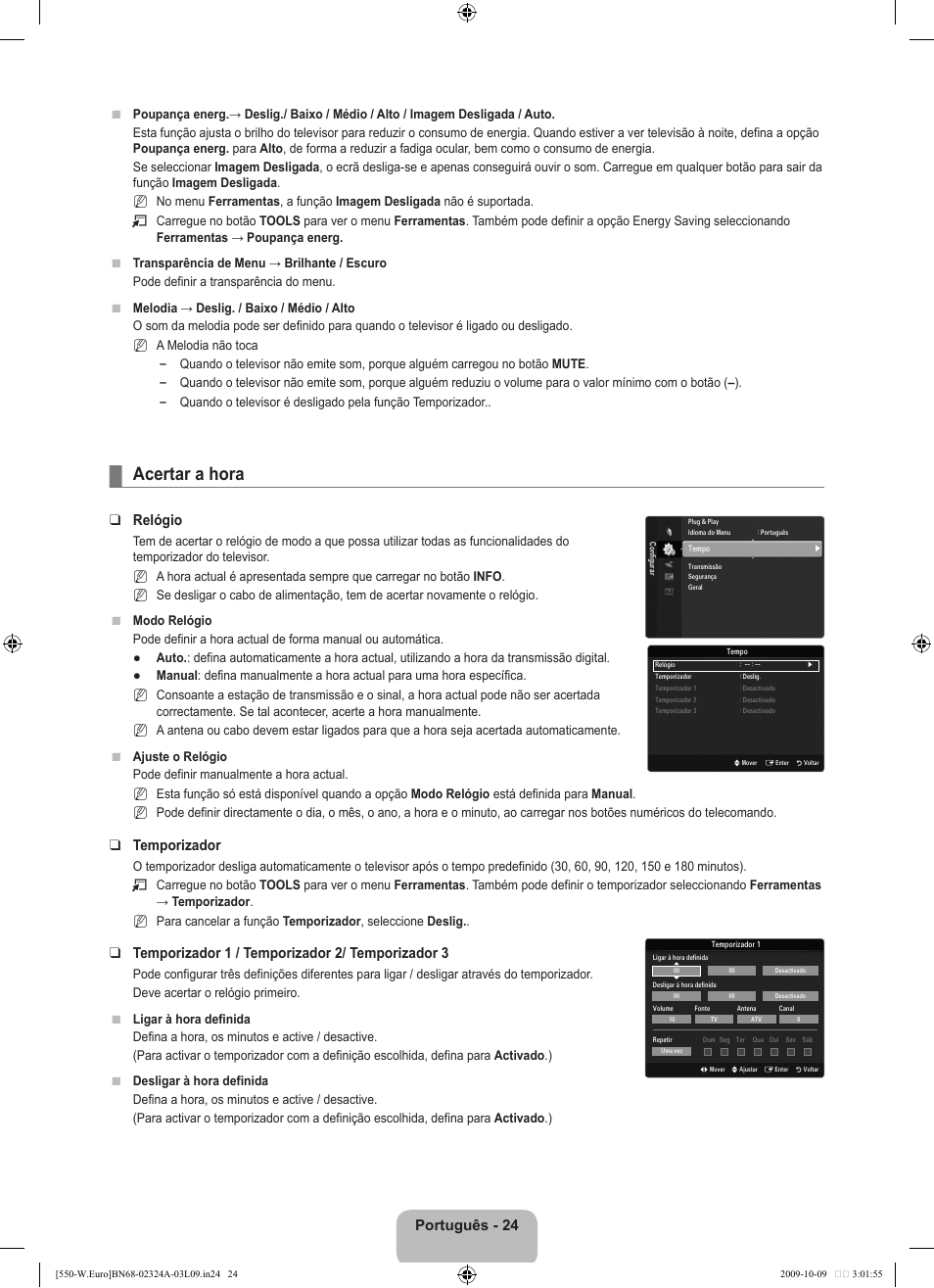 Acertar a hora, Português - 24, Relógio | Temporizador, Temporizador 1 / temporizador 2/ temporizador 3 | Samsung LE32B550A5P User Manual | Page 330 / 458