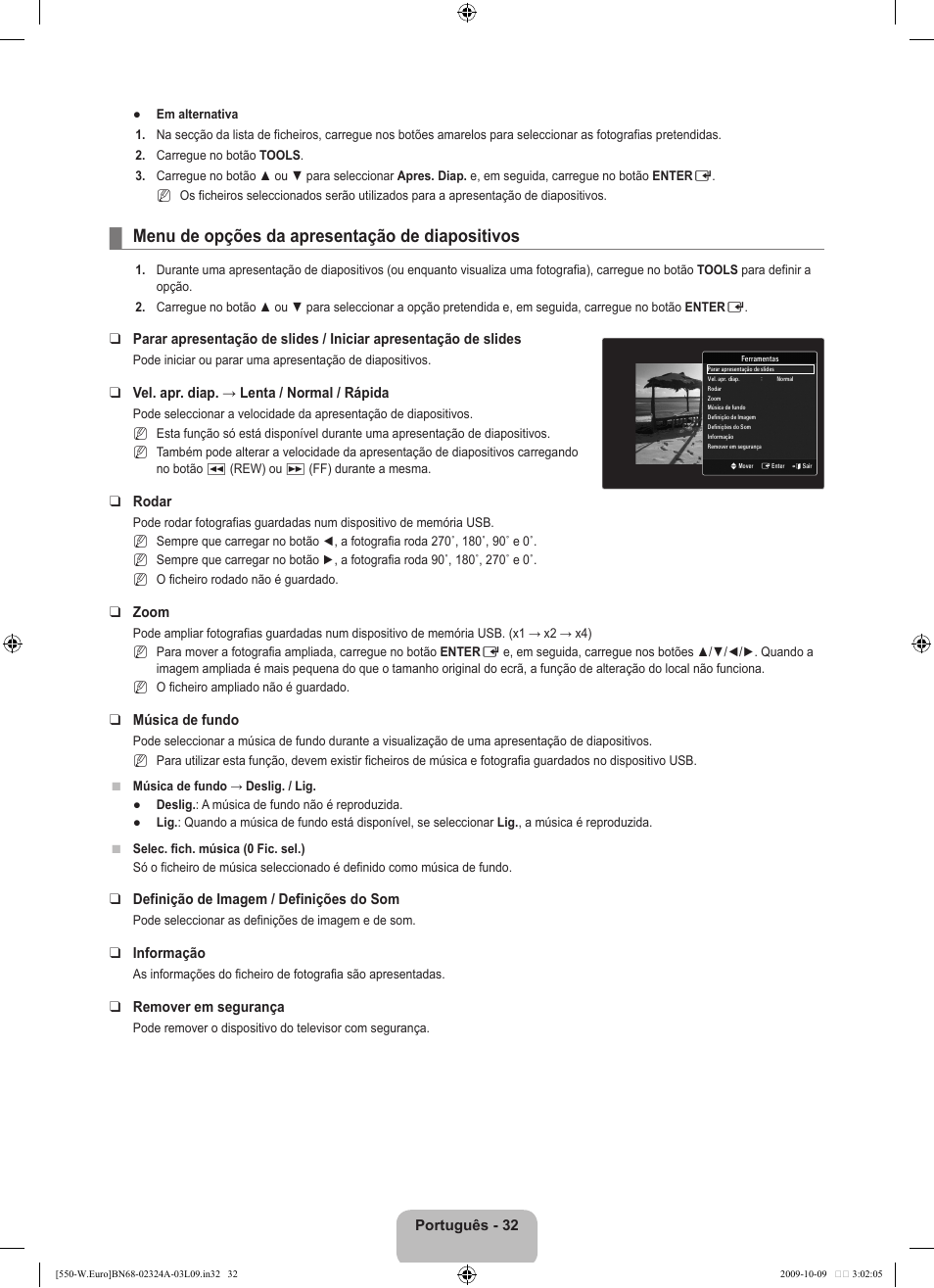 Menu de opções da apresentação de diapositivos | Samsung LE32B550A5P User Manual | Page 338 / 458
