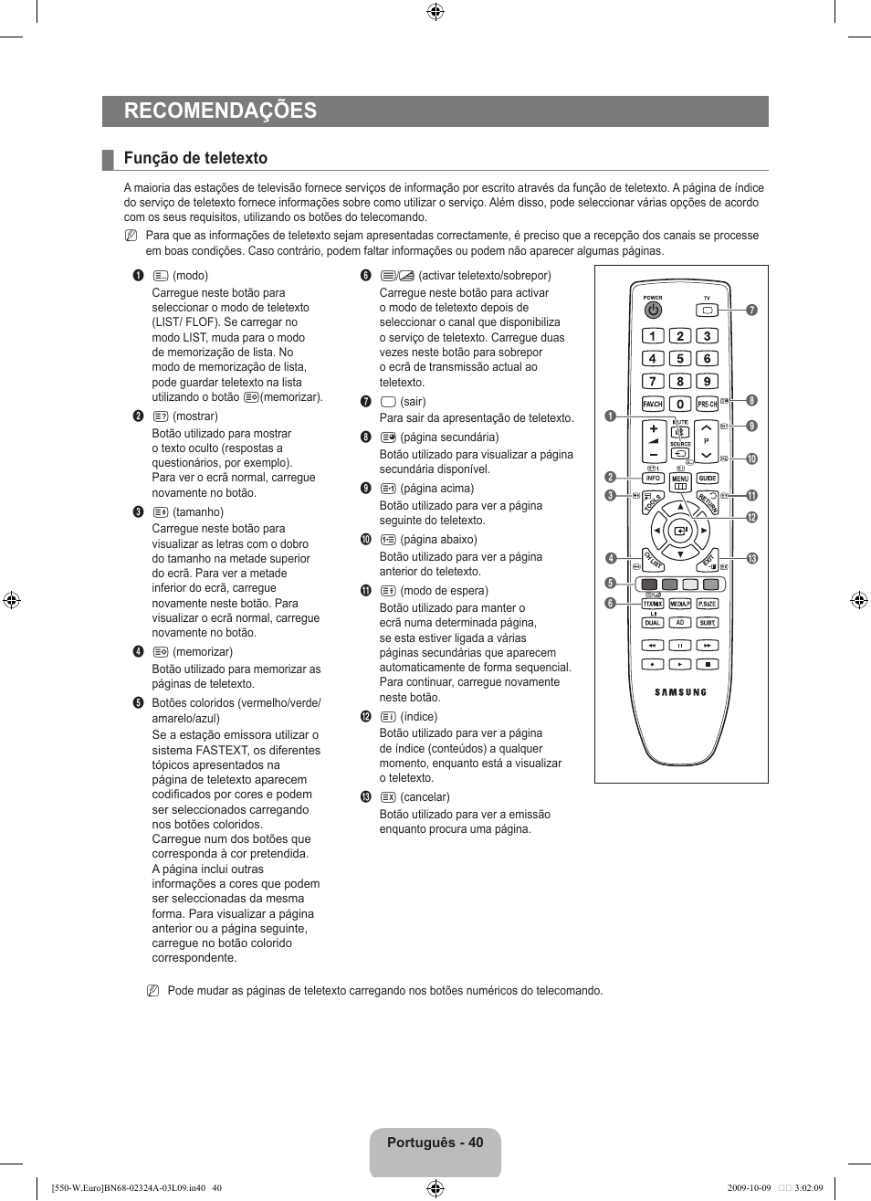 Recomendações, Função de teletexto | Samsung LE32B550A5P User Manual | Page 346 / 458